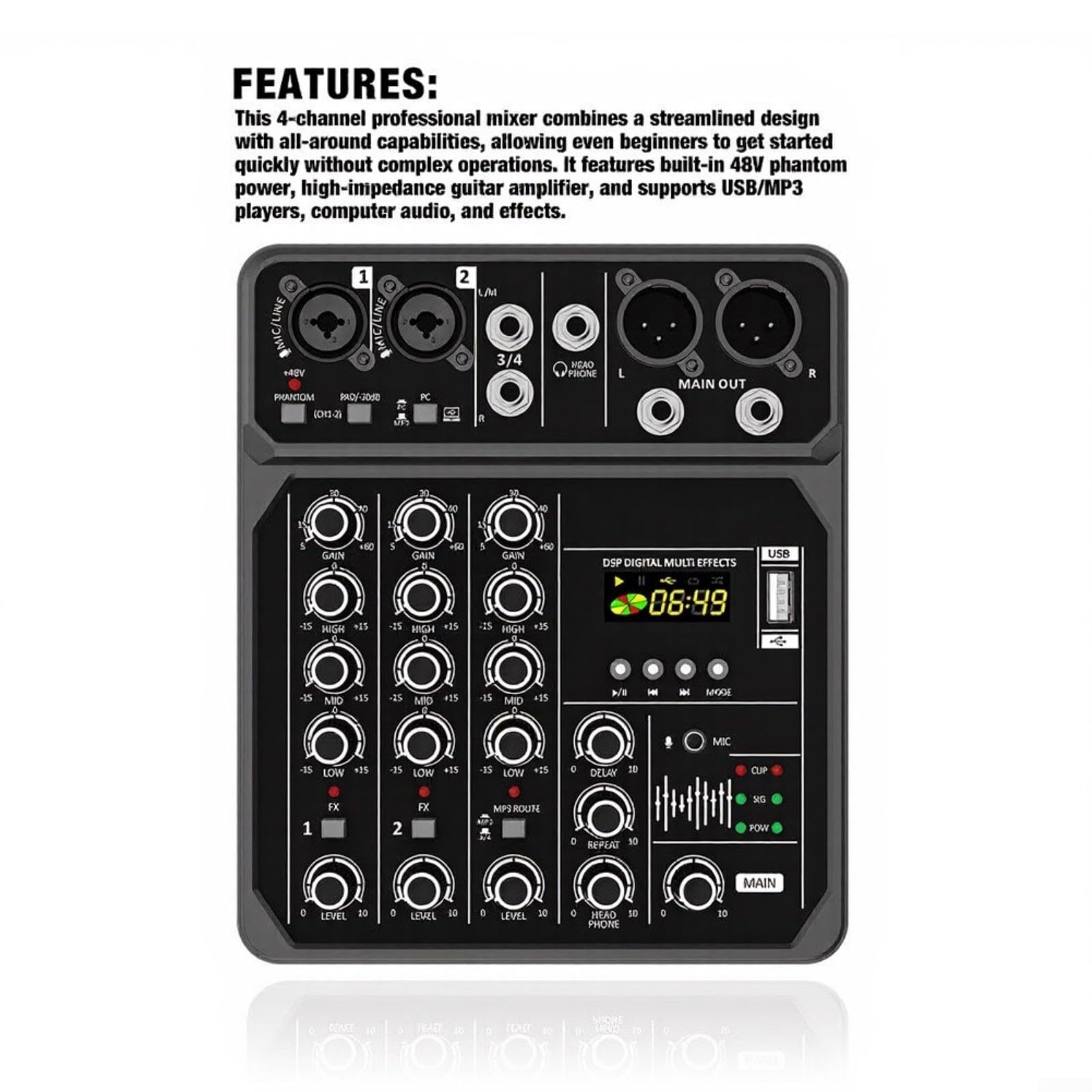 Mesa de mezclas de 4 canales con 48 V Phantompower, pequeña consola de audio para eventos al aire libre, tablero de mezclado ABS resistente, portátil, negro