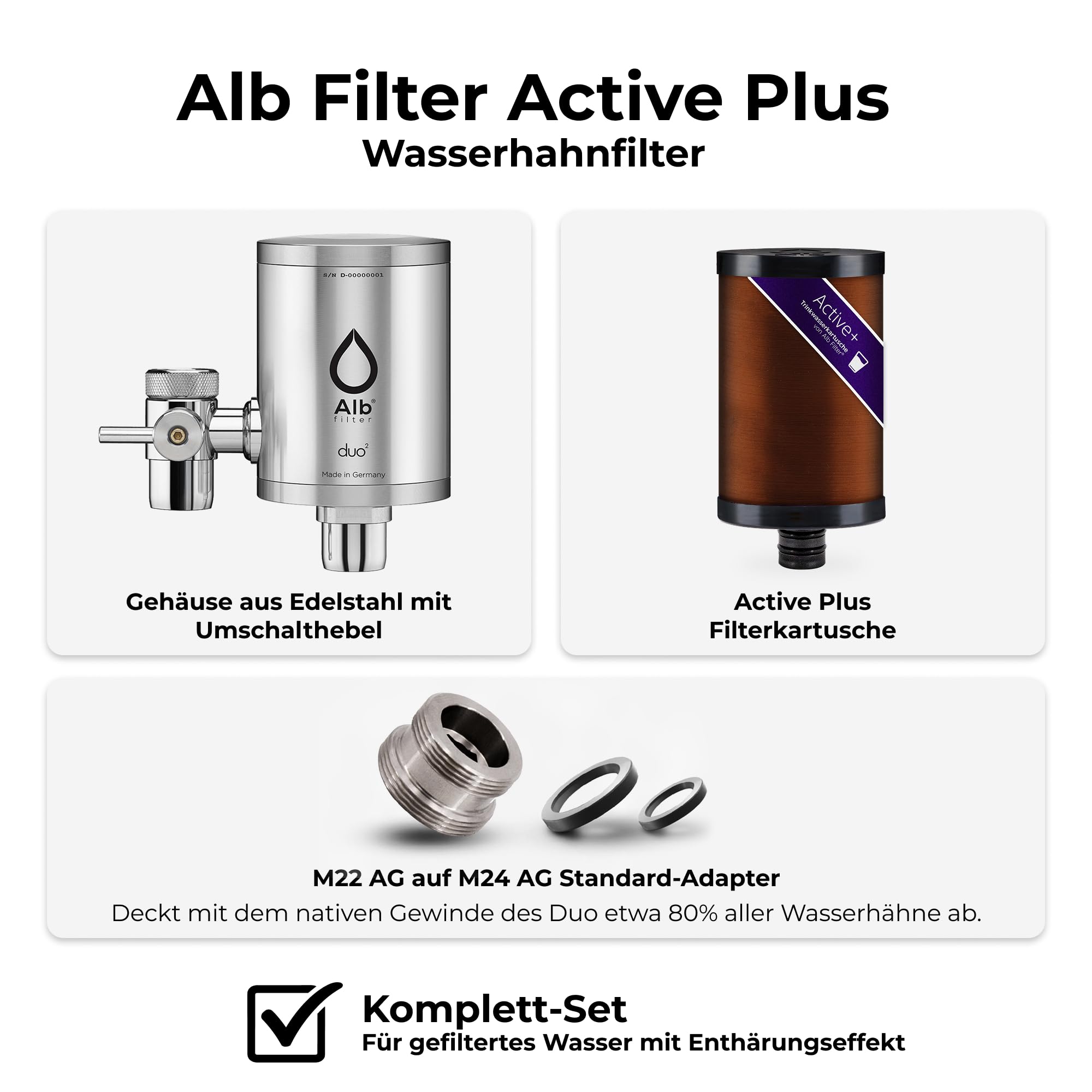 Alb Filter Duo Active Plus+ Trinkwasserfilter Edelstahl Natur – Wasserfilter Wasserhahn für sauberes Trinkwasser – Filtration von Schadstoffen, Bakterien & Kalk – Wasserfiltersystem Made in Germany