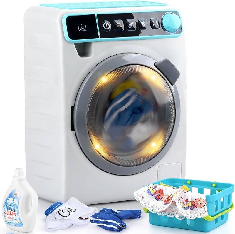 Lavadora de juguetes para niños, aparato de juego realista para niñas, muebles interactivos de casa de muñecas, juego de lavadora y secadora con tambor giratorio