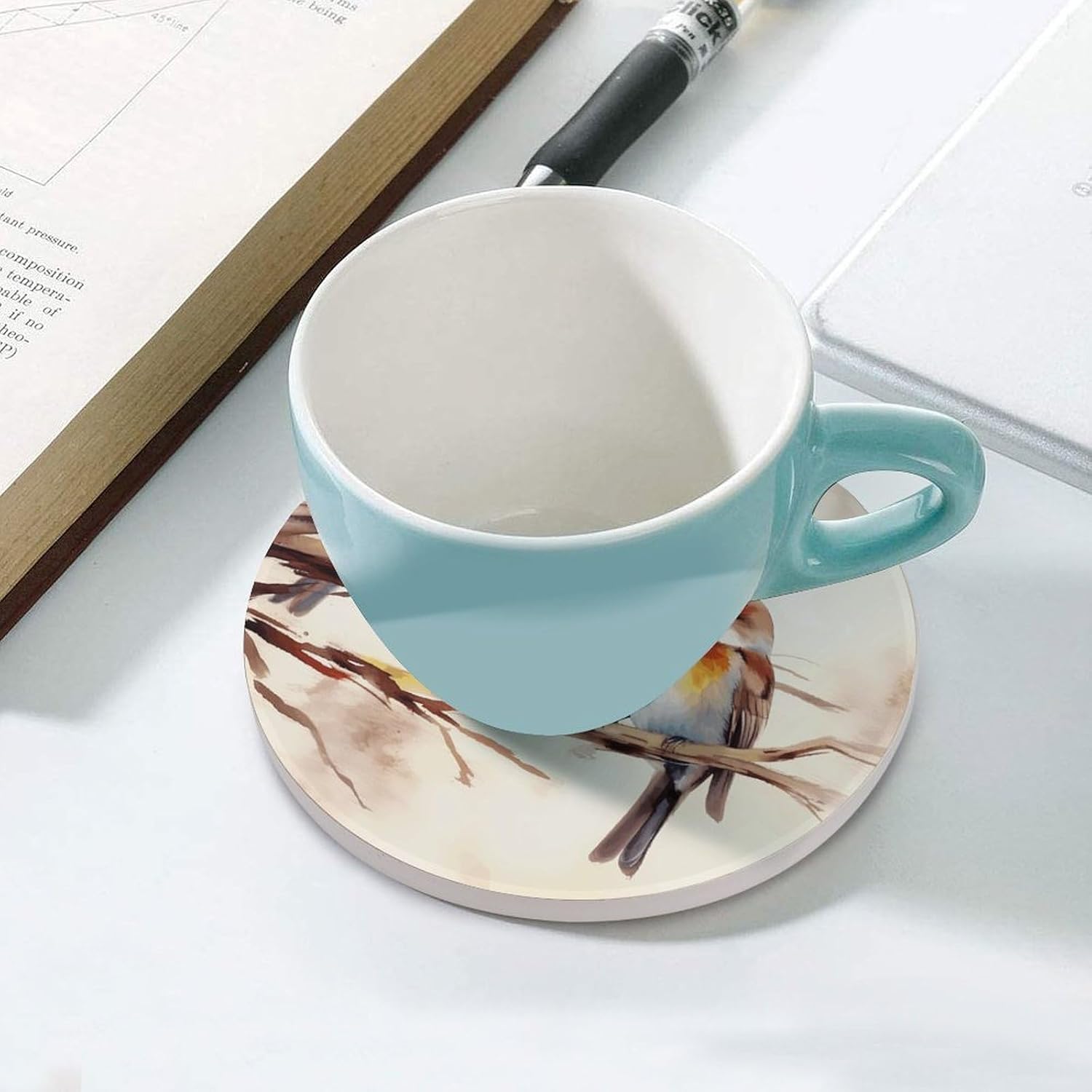 Birds Resting on Tree Branch Coaster with Cork Base Drink Coasters for Coffee Table Decor Modern Cup Coasters with Non-Slip & Heat-Resistant Cute Ceramic Table Coaster for Home Dining