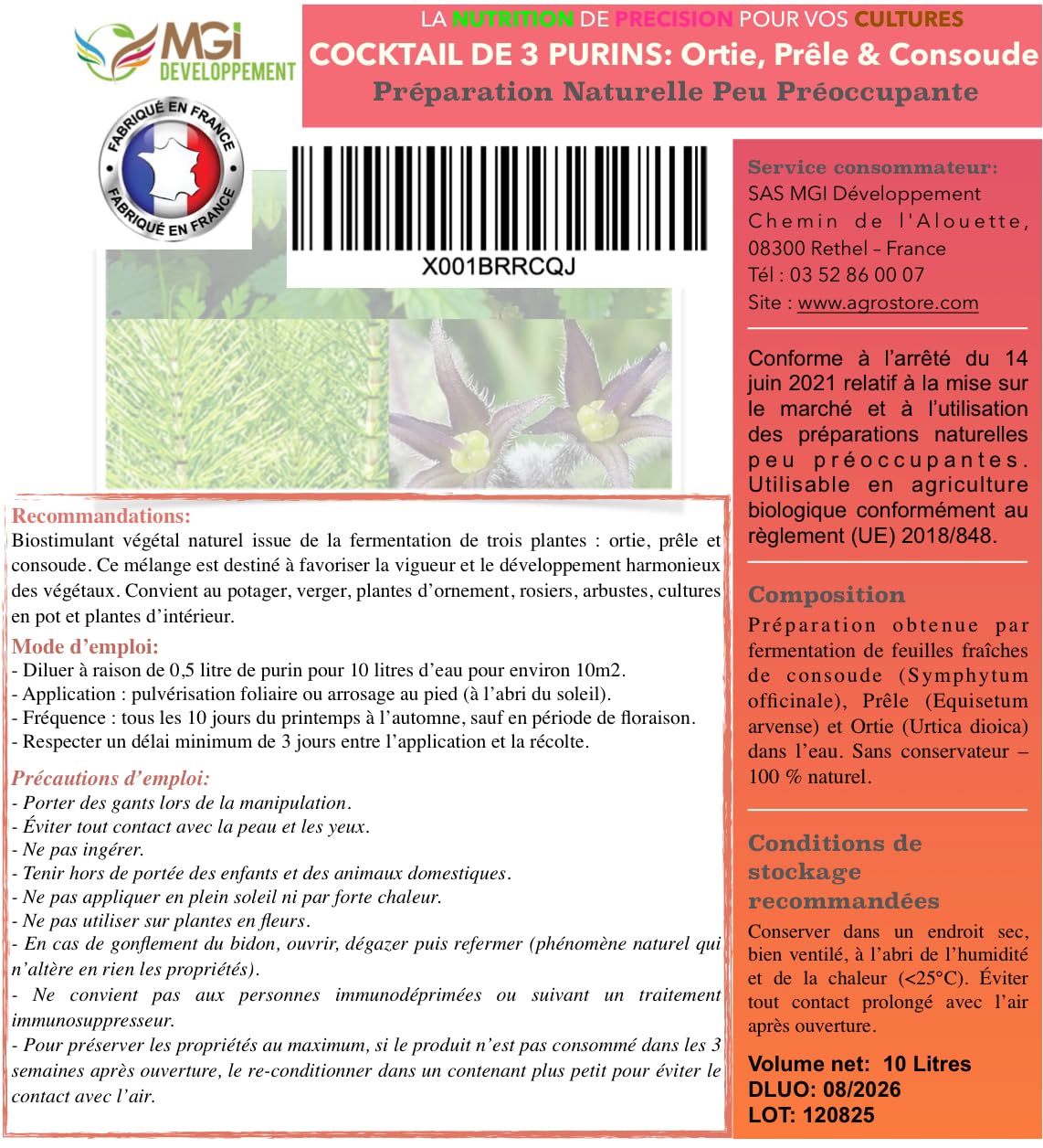 Cocktail de 3 Purins Ortie, Prêle, Consoude- Biostimulant 100% Naturel- Préparation Naturelle Peu Préoccupante- Potager, Verger, Plantes d'Ornement, Rosiers- France– 10L pour 200L prêt à l’Emploi