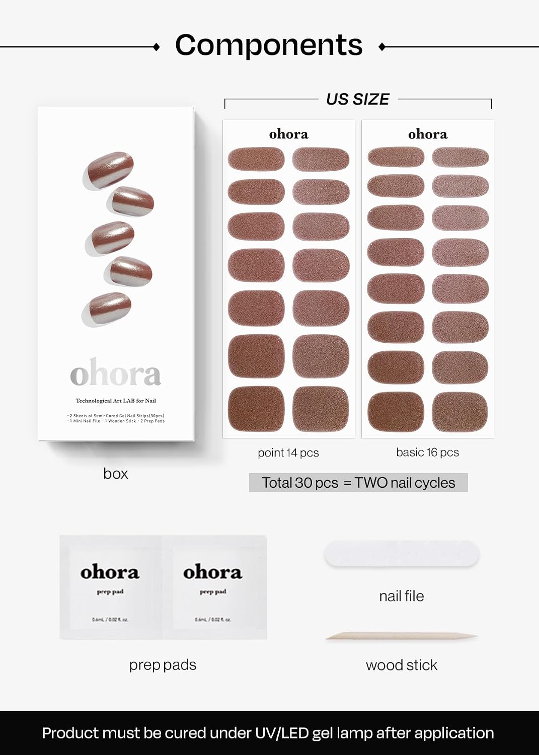 ohora Semi Cured Gel Nail Strips (N Chocolate Chrome) - Works with Any Nail Lamps, Salon-Quality, Long Lasting, Easy to Apply & Remove - Includes 2 Prep Pads, Nail File & Wooden Stick