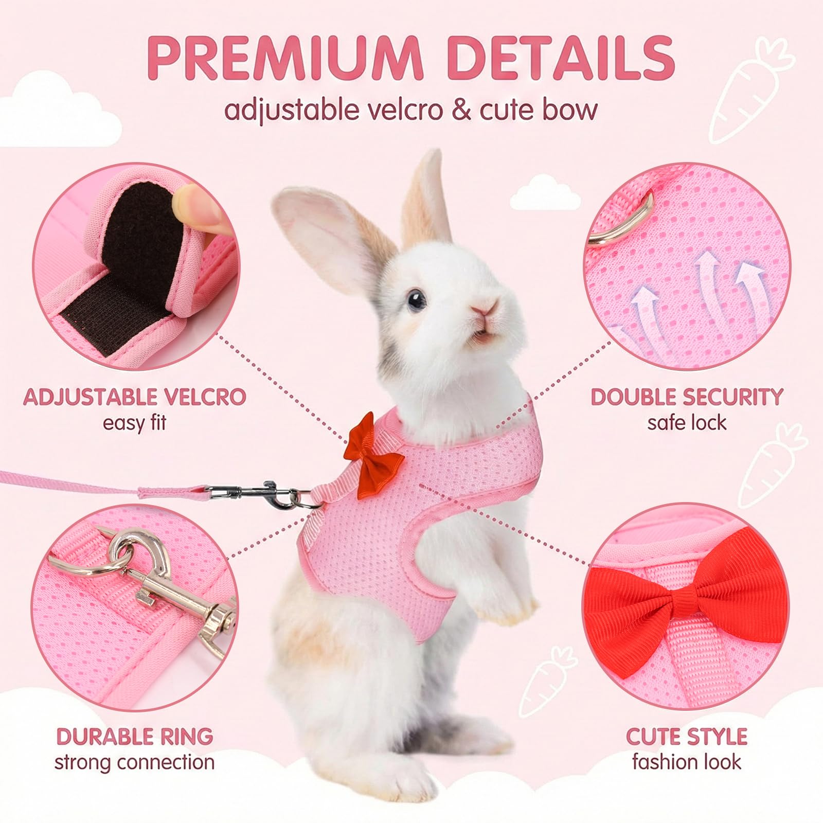 Guinzaglio Per Coniglio Nano, imbracatura con guinzaglio, Accessori Conigli, Stoviglie Con Guinzaglio, Pettorina Regolabile, pettorina coniglio nano(Rosa, M) - 4