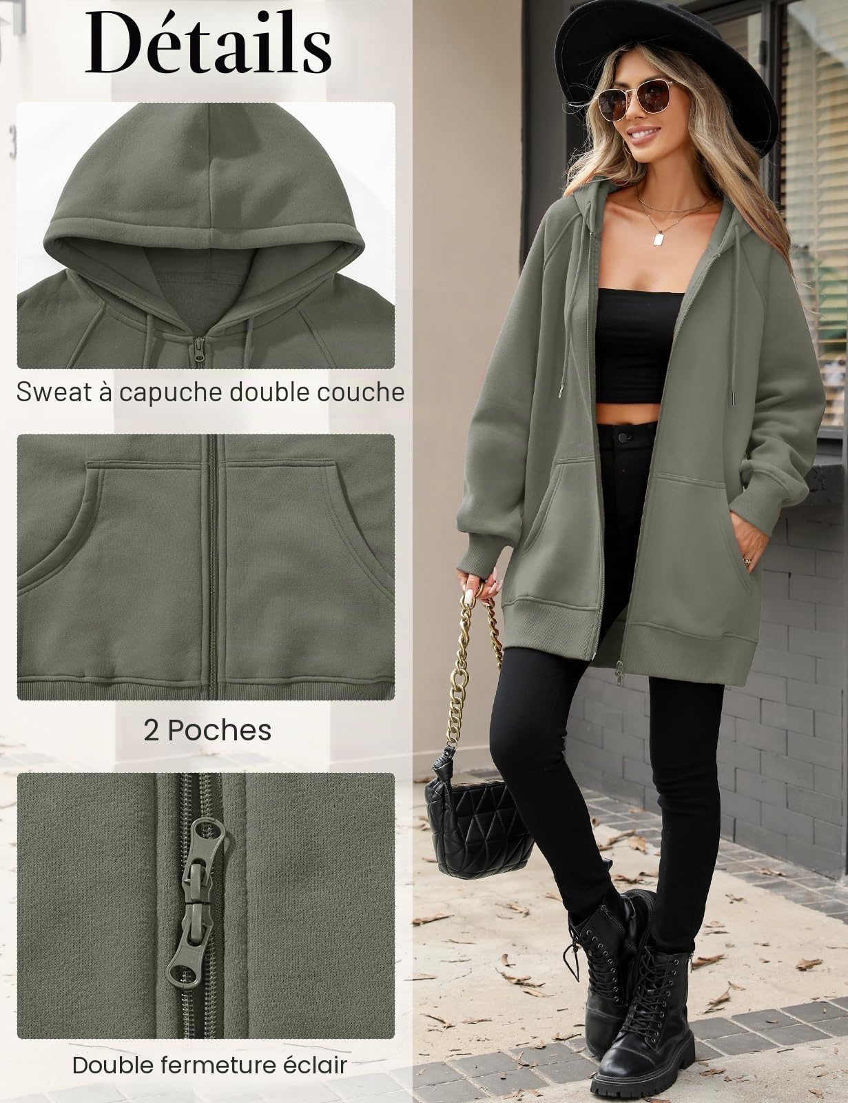 Vancavoo Sweats à Capuche Femme Zippé Polaire Veste Long Sweatshirt Automne | Doublure Polaire Légère, Coupe Ample, Manches Raglan, Zip Double Curseur, Bords Côtelés et Poches