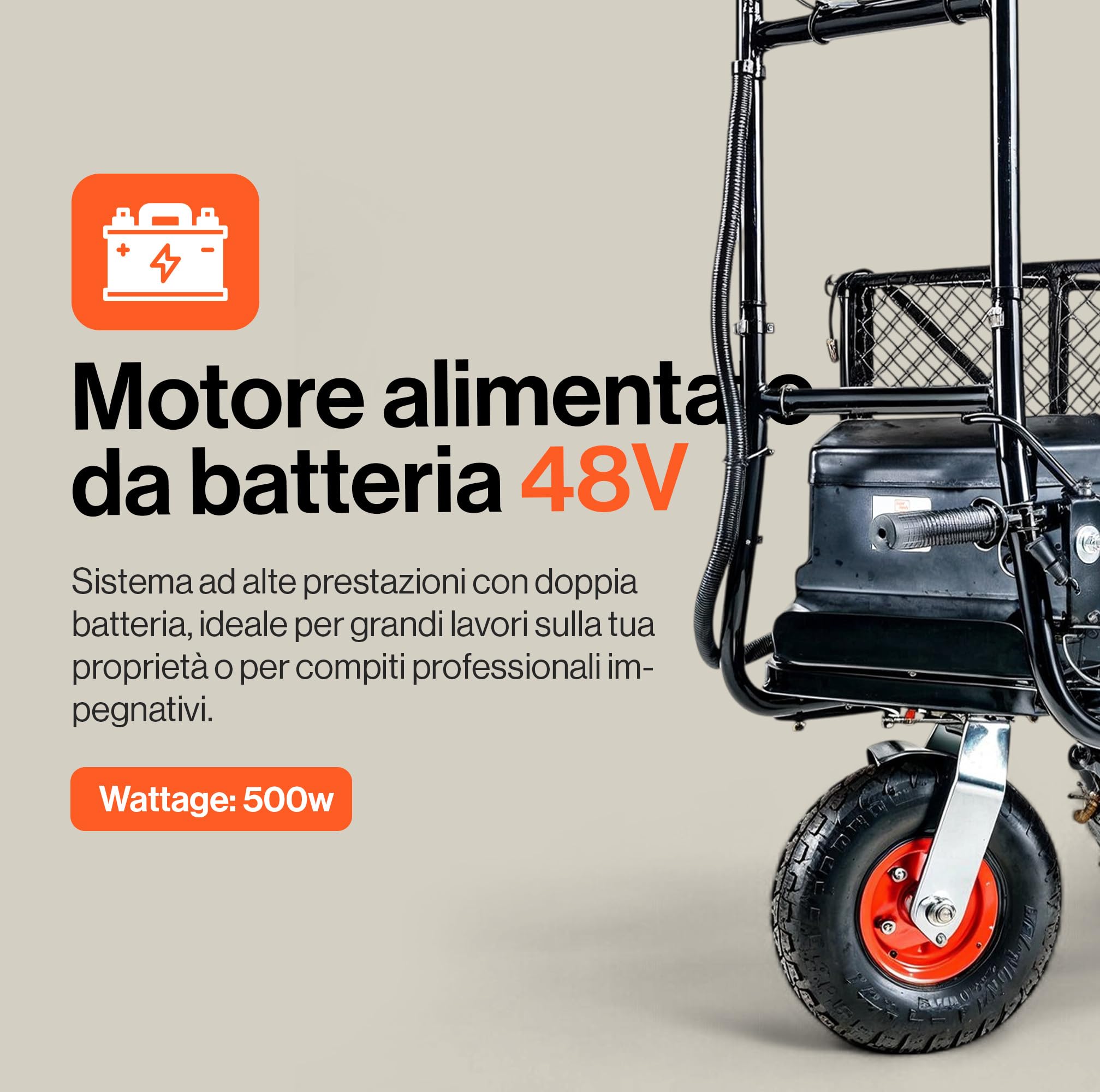 SuperHandy Carriola elettrica Utility 48 V, carico 230 kg, trazione 460 kg