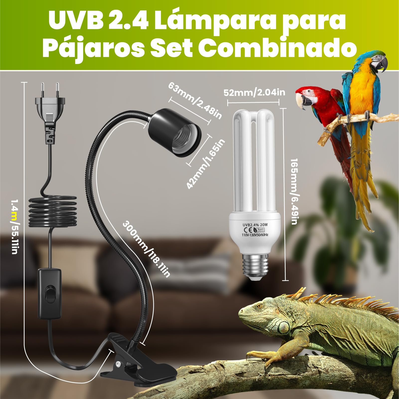 GlowUp UVB 2.4 Lámpara para Pájaros Juego Completo, Lámpara de Clip con Lámparas Fluorescente Compacta UVB 2.4 para Iluminación de Pájaros