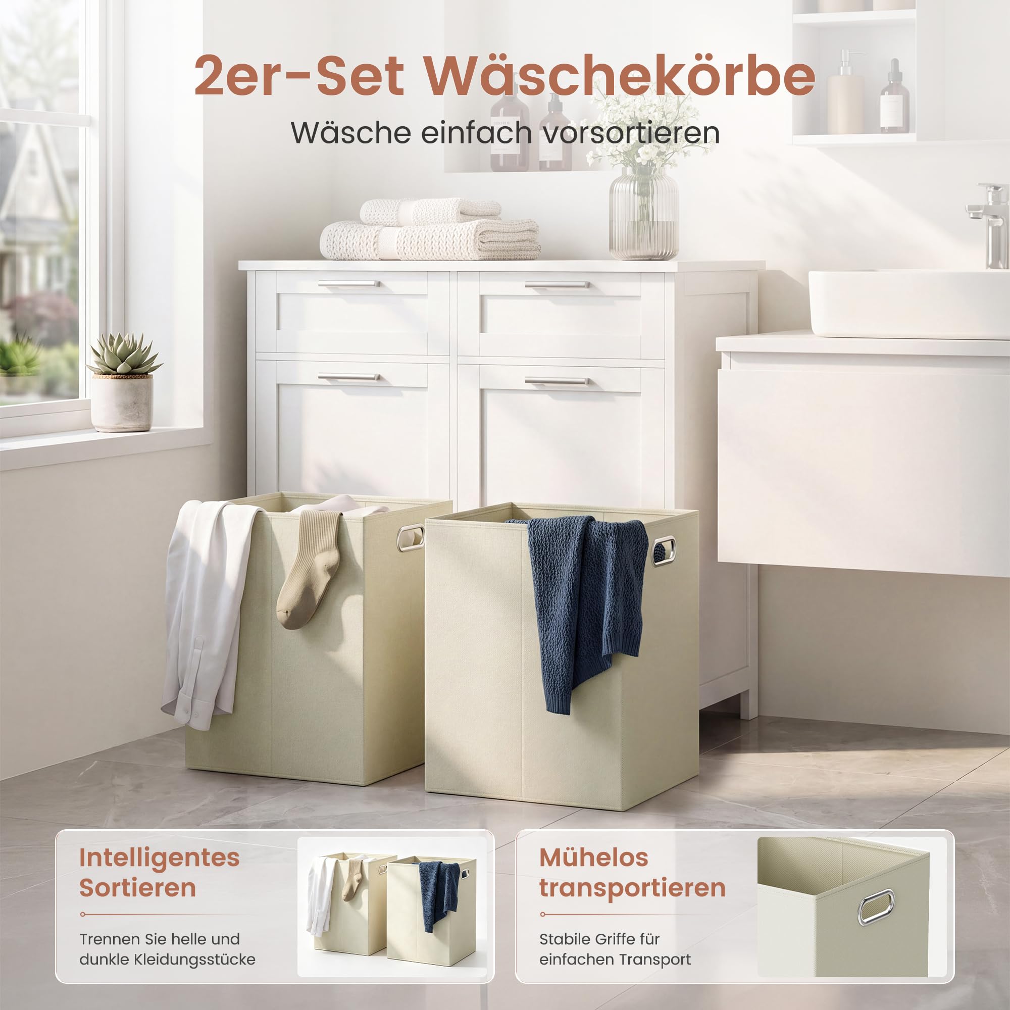 APICIZON Badezimmerschrank mit Wäschekorb, Wäscheschrank mit 2 Schubladen | 2 seitlich ausziehbaren Wäscheboxen, 2 faltbaren Wäschesäcken, Badezimmermöbel für Bad und Waschküche, 80×40×80cm, Weiß