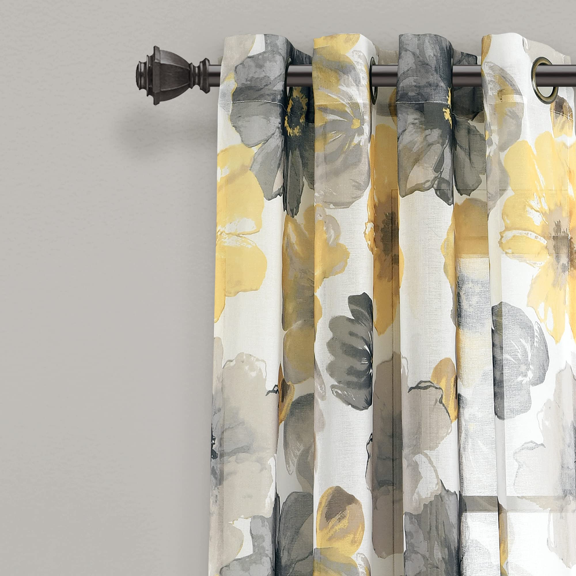 Lush Decor Leah Room Darkening Window Curtain Panel Pair Floral Insulated Grommet, 52" W x 84" L, Yellow & Gray - Image 2