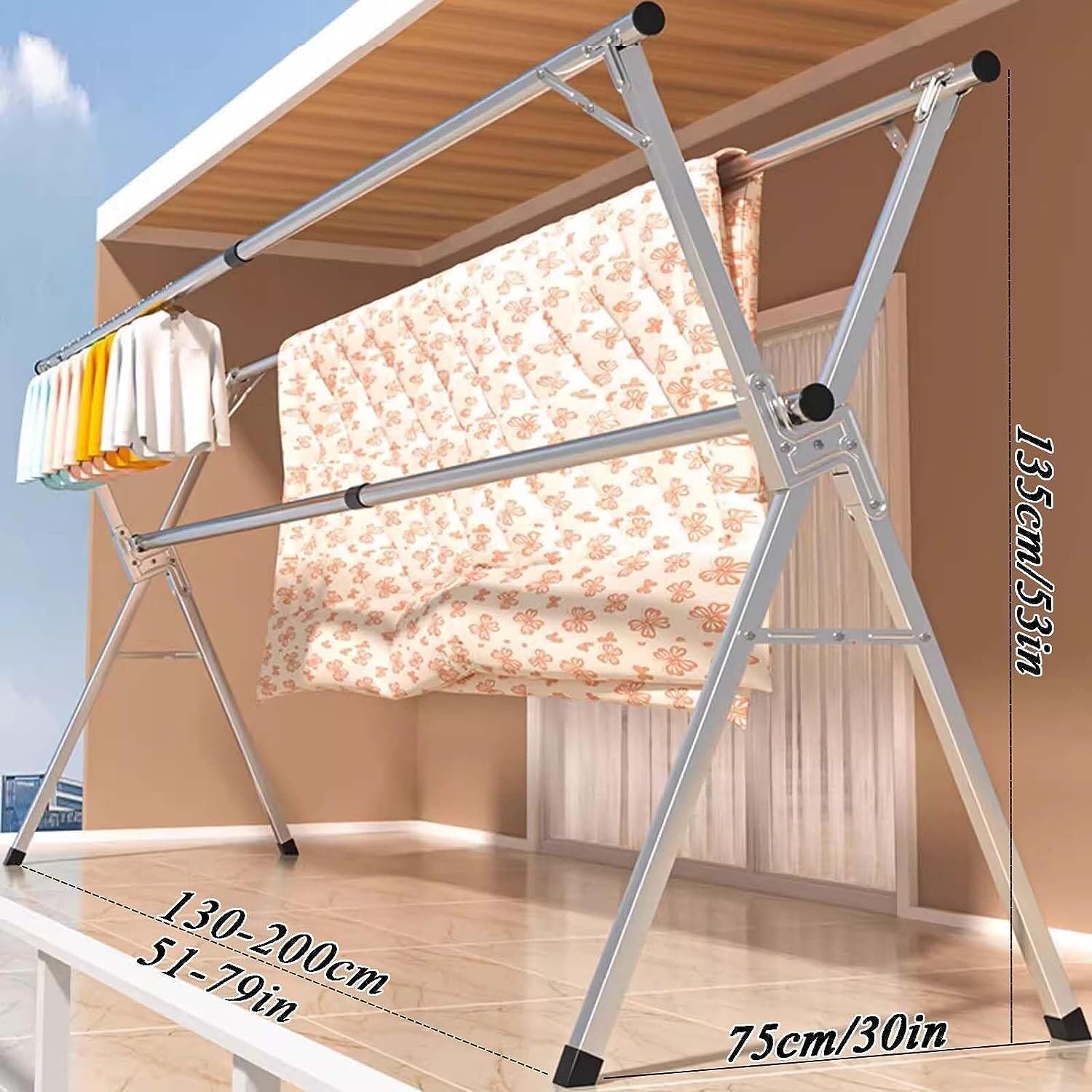 Laundry Stand Stainless Steel Foldable Indoor Heavy Duty Laundry Drying Rack Length Adjustable Garment Rack Laundry Rack Laundry Drying Rack,Without Wheels-200cm/79in