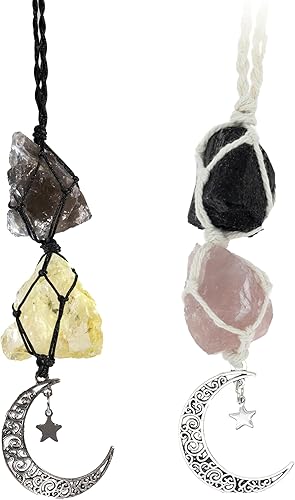 BOHO GARDEN Dije colgante para automóvil, paquete de 2 unidades, turmalina negra y cuarzo rosa, cuarzo ahumado + citrino, luna colgante y accesorios