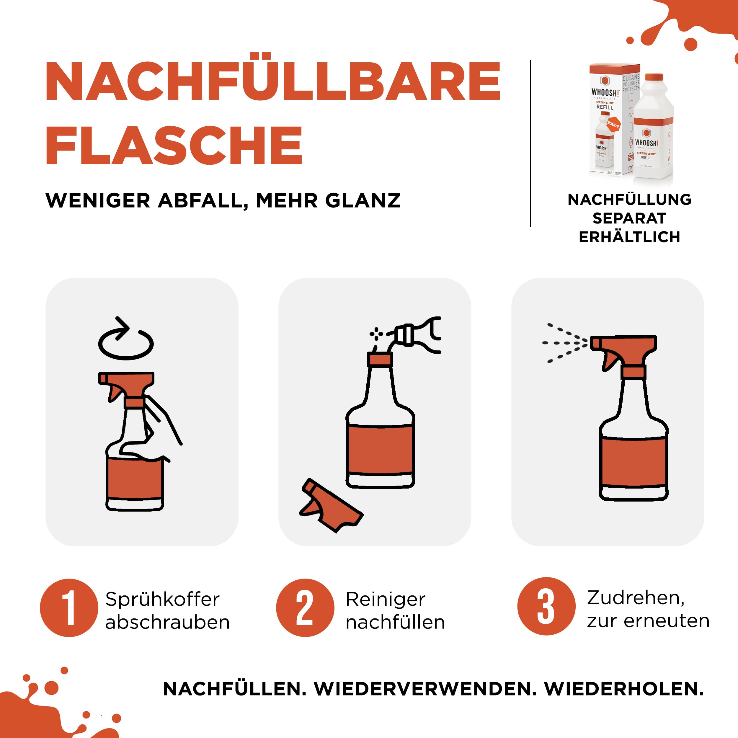 WHOOSH! Screen Shine Pro TV & OLED Reiniger 500 ml + Mikrofasertuch | Streifenfreier Elektronikreiniger, nachfüllbare Flasche, sichere & ungiftige Formel für alle Bildschirme