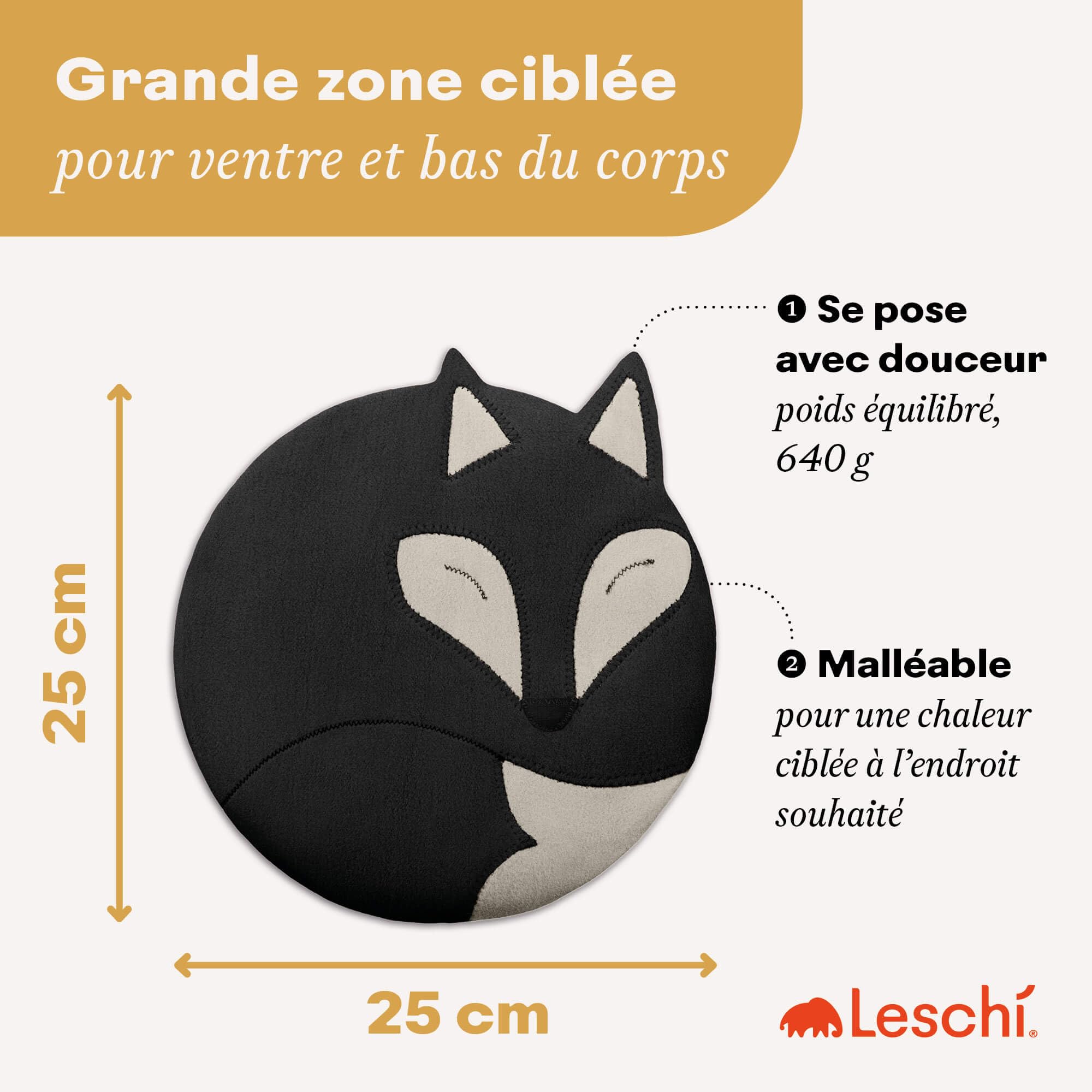 LESCHI Coussin chauffant micro-ondes en coton 100% bio, 4 compartiments, Renard noir, Bouillotte graines de blé 100% bio, Bouillotte micro-ondes idéale pour soulager les douleurs menstruelles