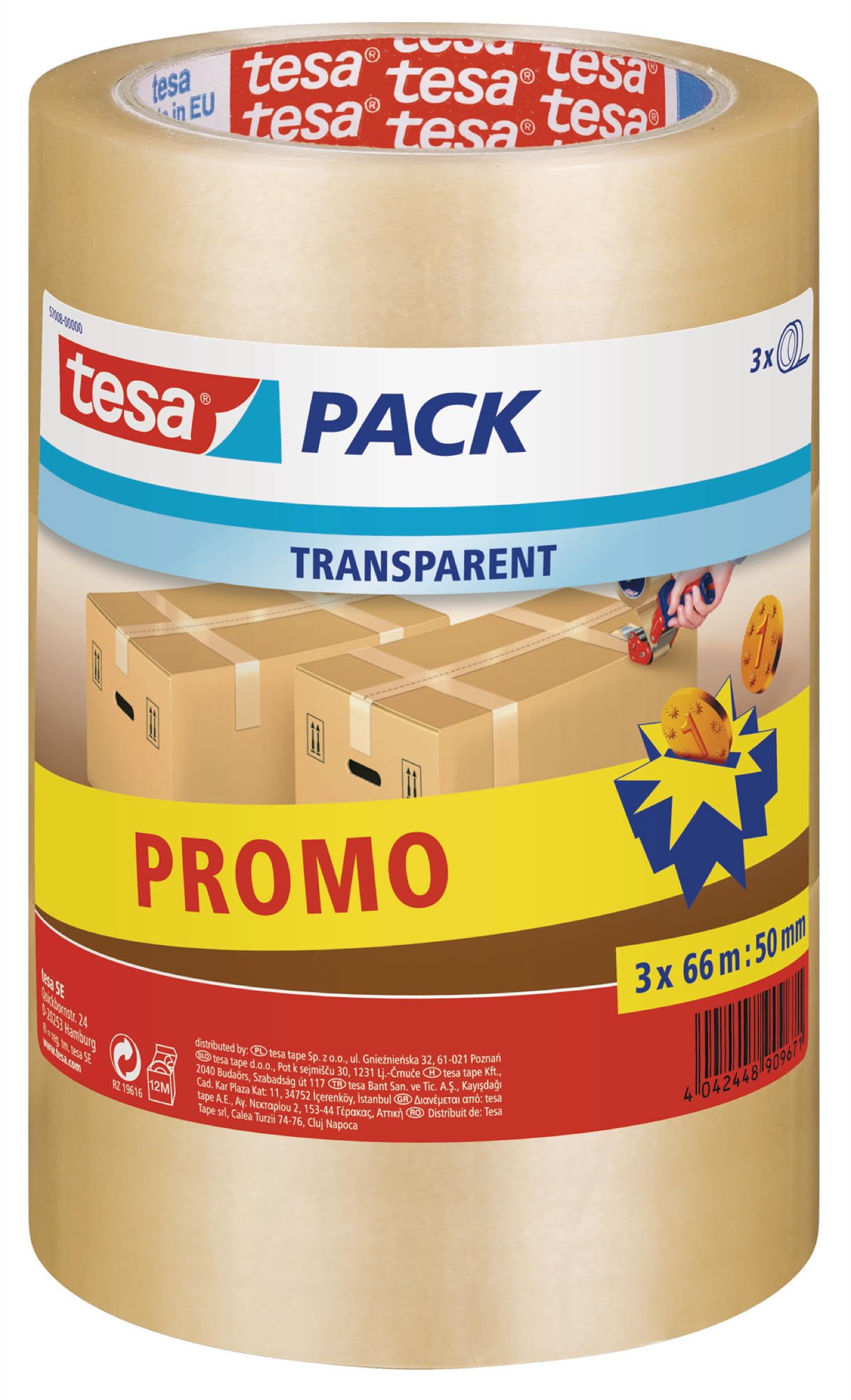 Tesa Uk Transparent Tesapack Standard Transparant 3 X 66M:50mm