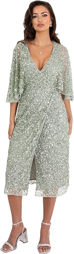 Maya Deluxe Womens Midi Ladies Sequin Embellished Cape Sleeve Wrap Dress for Wed