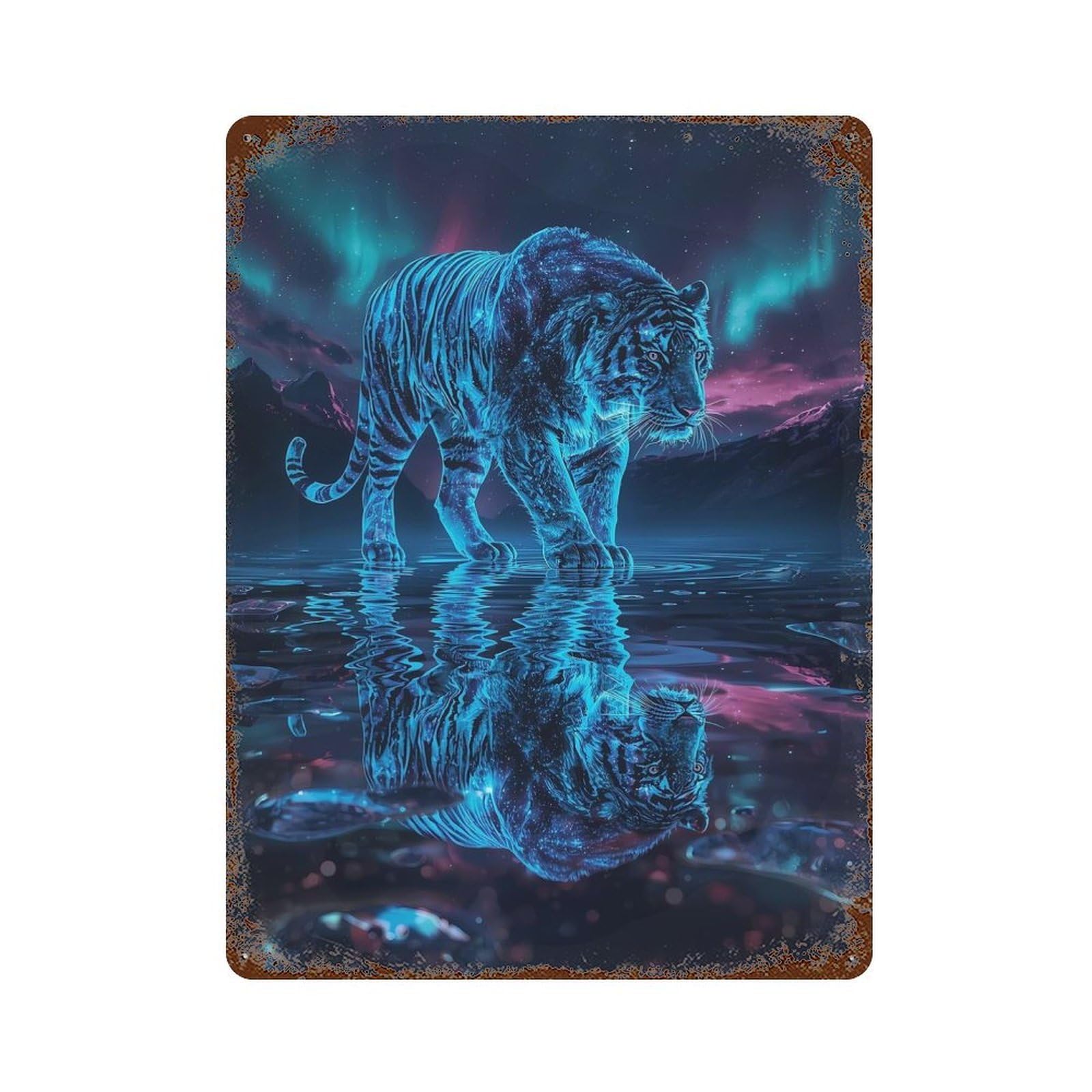 Celestial Tiger Reflection Rust Effect Tin Sign 15.7"x11.8", Ideal for Shed, Workshop And Garage Wall Decor