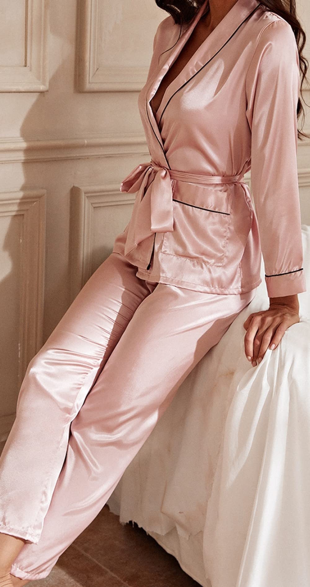 Ensembles De Pyjama Femme,Rose Revers Poche Cravate Taille Femmes Polyester Pyjama Ensemble Femmes Confortable À Manches Longues Pyjama Deux Pièces Ensemble Festival Cadeau pour Soeurs Épous