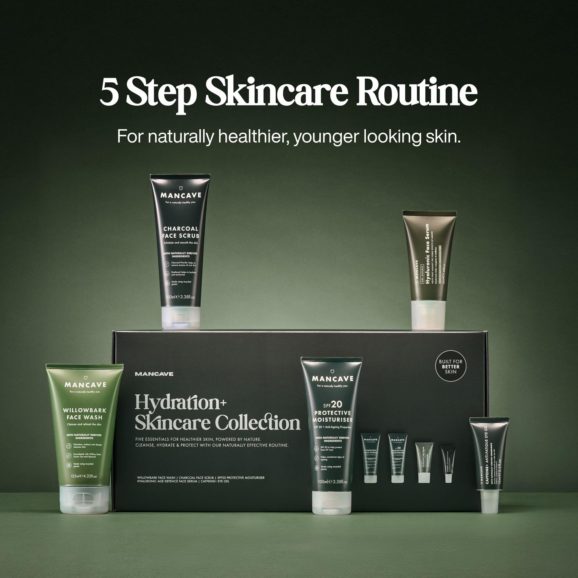 ManCave Hydration+ Zestaw Upominkowy do Pielęgnacji Skóry, Krem SPF 20, Żel do Mycia Twarzy, Peeling, Serum Hialuronowe, Żel pod Oczy, Dermatologicznie Testowany, Wegański