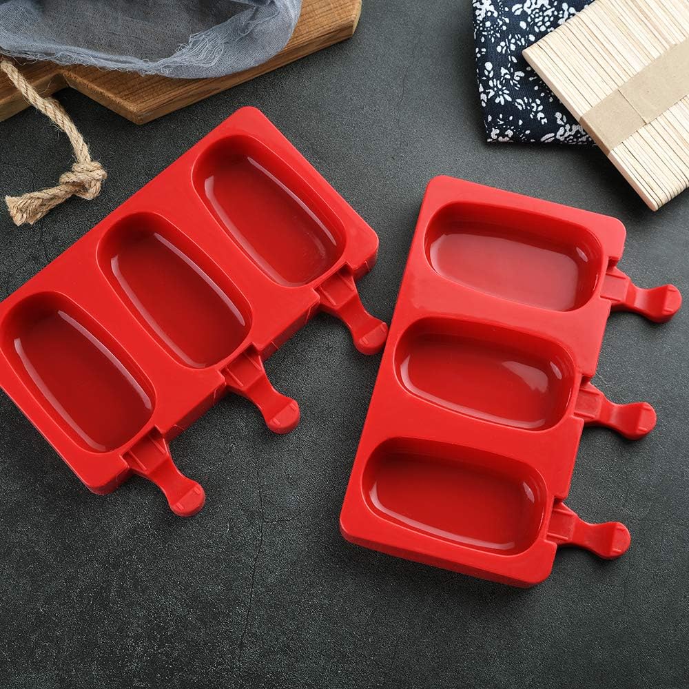 3 Cavities Silicone Popsicle Molds with Lid, BPA Free Homemade Ice Cream Bar Mold Ice Pop Molds DIY Cakesicle Molds Silicone with 50 Wooden Sticks, Set of 2 (Oval)