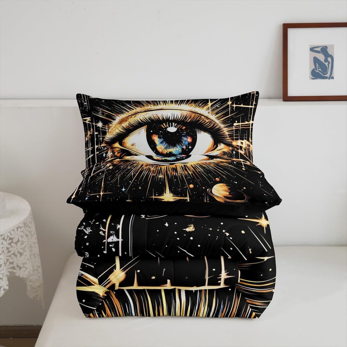 Feelyou Galaxy Evil Eye Comforter Set,Sun Moon and Star Print Bedding Set Queen Size,Boys Girls Bedroom Room Decor,Boho Eye Comforter,Soft Bed Set for All Season