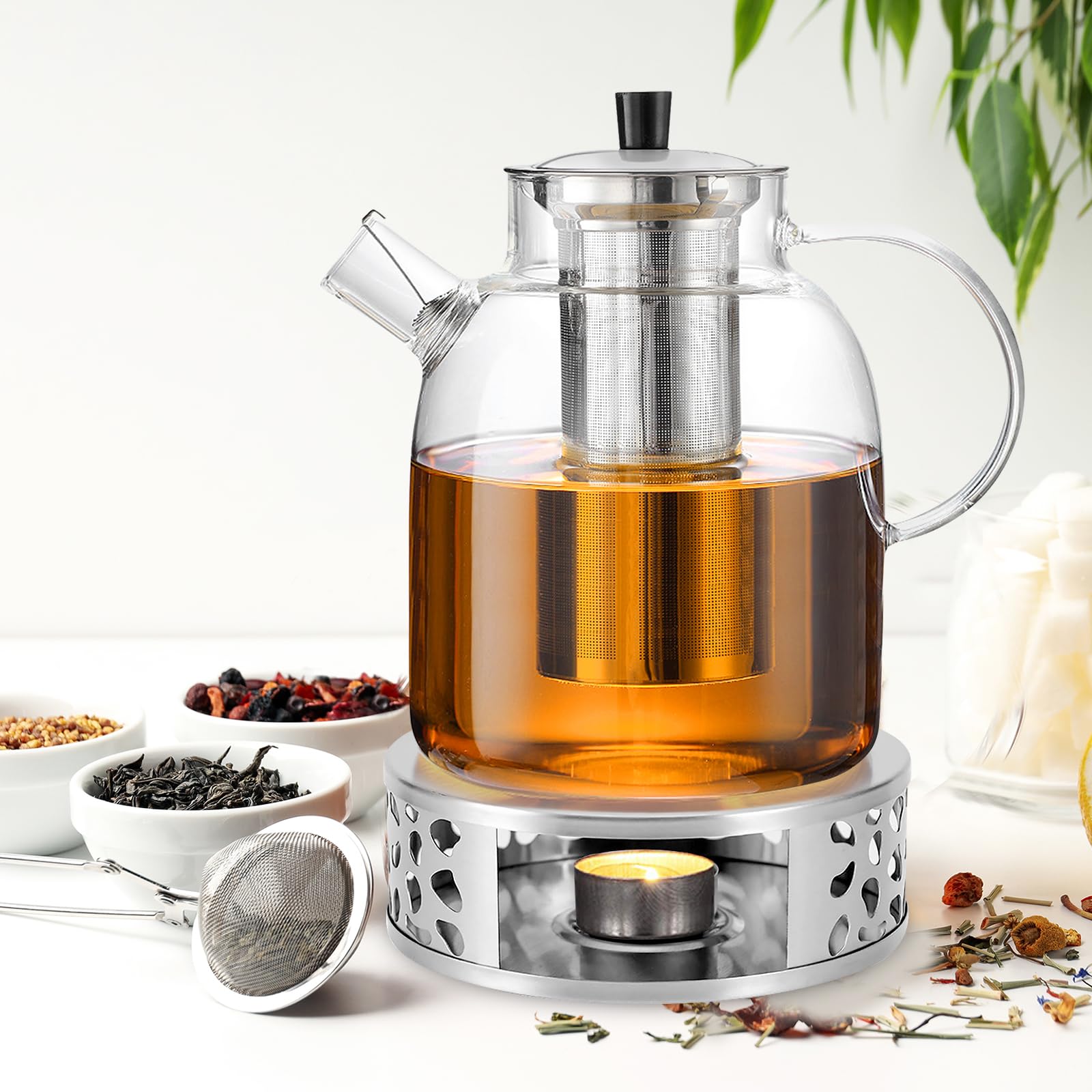 Théière en verre de 1,8 L avec infuseur et chauffe-plat, théière en verre avec infuseur en acier inoxydable et sous-verre de maintien au chaud, théière résistante à la chaleur pour thé en vrac et