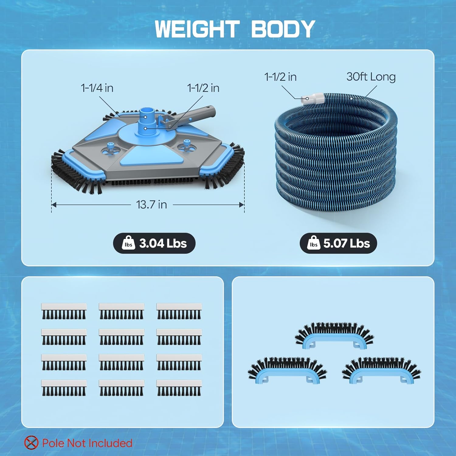 UIRWAY Upgrade Pool Vacuum Head with Side Brush & 360° Swivel Cuff, Heavy Duty Manual Kink-Resistant 1-1/2" x 30 Ft Vacuum Hoses, Weighted Triangular Shape for Inground & Above Ground Pool(No Pole)