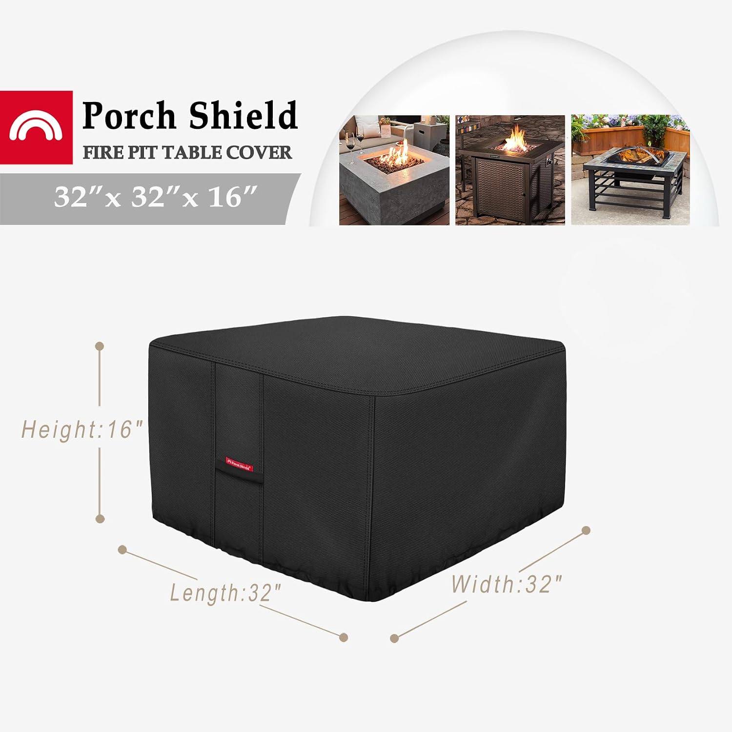 porch shield fire pit cover - waterproof 600d heavy duty fade resistant square patio fire pit table cover black - 32 x 32 inch square - 32"l x 32"w x 16"h black