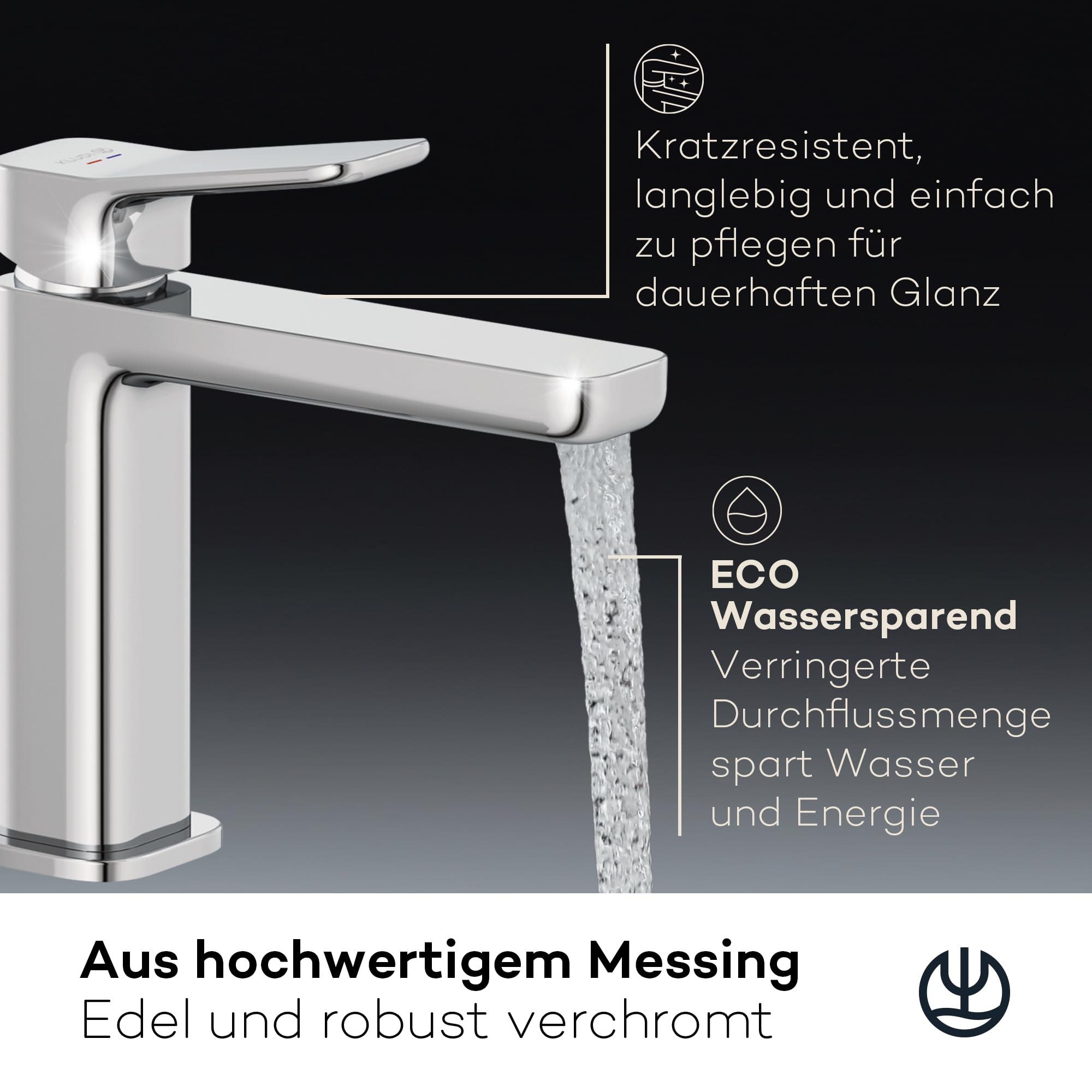 KLUDI-X3 Waschtischarmatur mit Push-Open Ablaufgarnitur, Auslaufhöhe 110 mm, wassersparender Wasserhahn Bad Größe M, Keramikkartusche, Mischbatterie Waschbecken inkl. Anschlussschläuche in Chrom