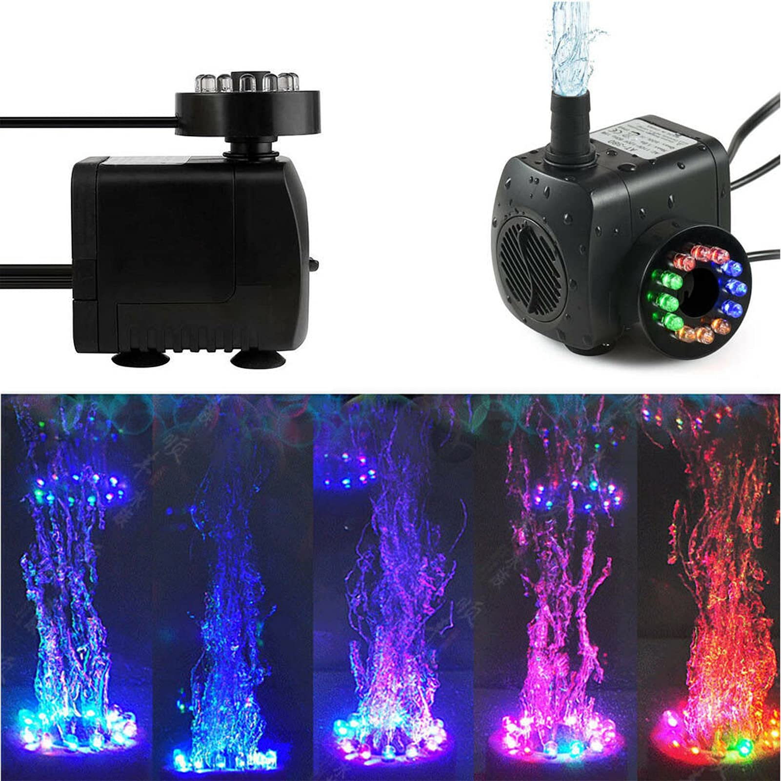 Pompa per laghetto Pompa ad acqua per fontana elettrica con pompa sommergibile per piscina da giardino con luce a 12 LED 15W(EU PLUG)
