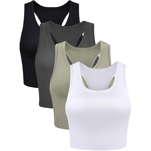 Geyoga 4 Pieces Basic Workout Crop Tank Tops Sleeveless Racerback Sport Tank Top for Women Yoga Running