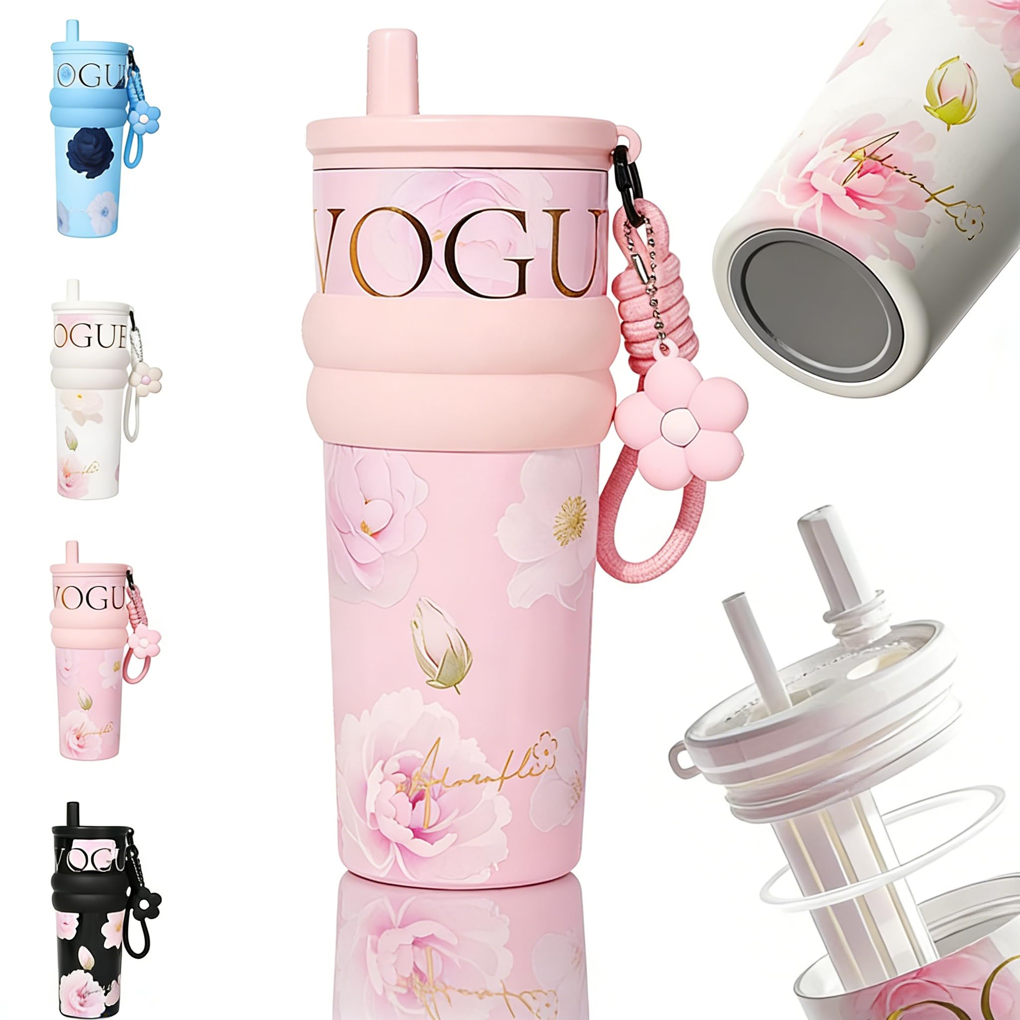 Amazon.co.jp: タンブラー ストロー付き 710ml 大容量 花柄 セラミック 