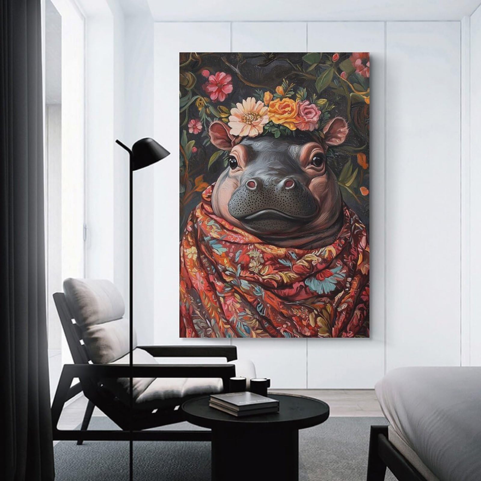Junmoney Canvas Art Print Floral Hippo Portrait, 24x36inch(60x90cm), for Office, Study Or Home Workspace, Decorative Artwork for Productive Spaces