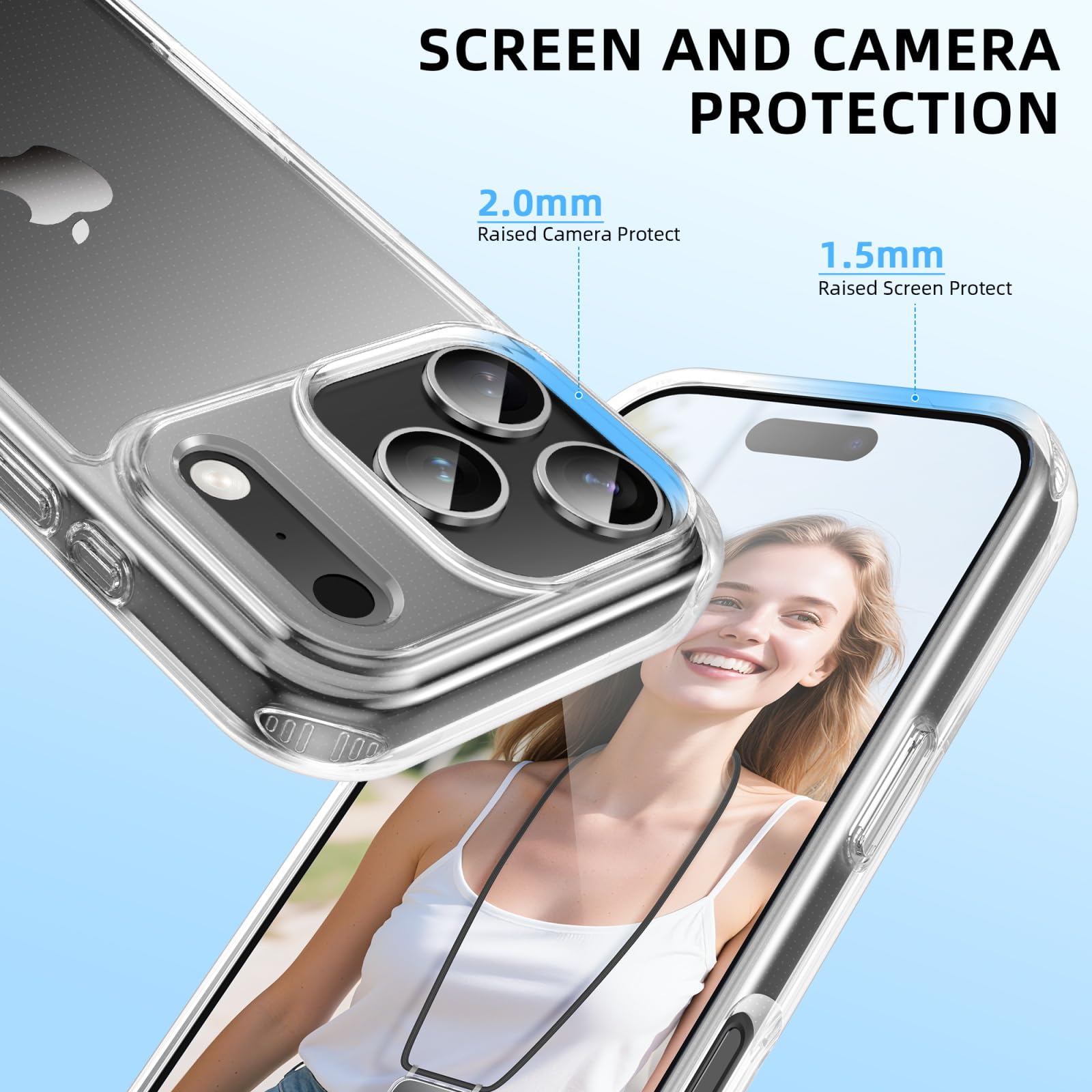 GOODVISH Handykette für iPhone 17 Pro Hülle mit Band, Kameraschutz und Bildschirmschutz, Necklace Handyhülle mit Schnur Schutzhülle für zum Umhängen Transparent Case mit Kordel 6.3", Schwarz