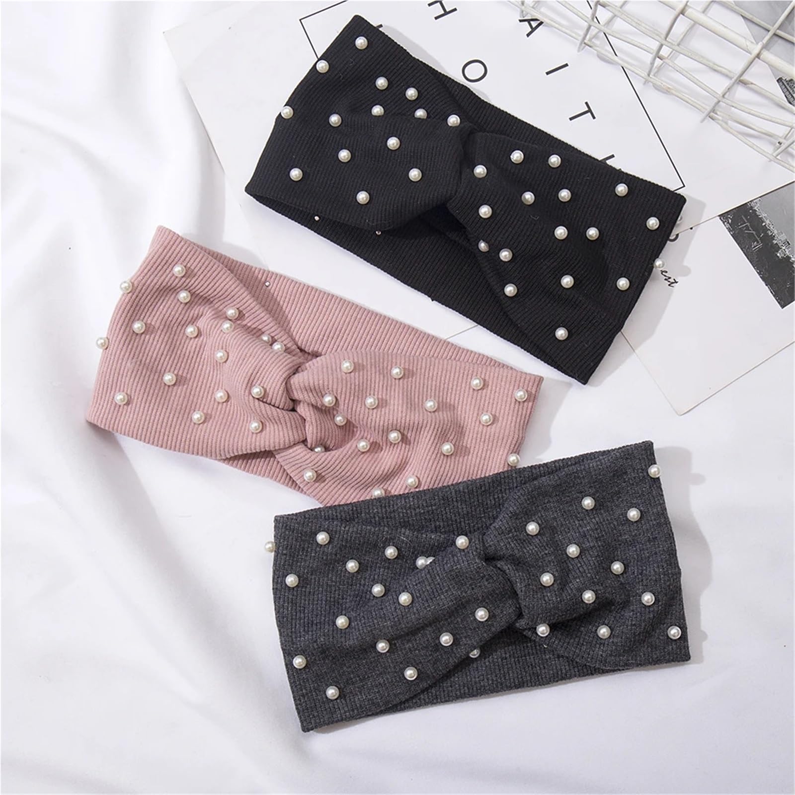 Cerchietto Invernale 2 pezzi Fasce for capelli perle Fasce for la testa lavorate a maglia Turbante Bandana Autunno Inverno Fascia elastica for capelli Accessori for capelli caldi Copricapo Per La Deco