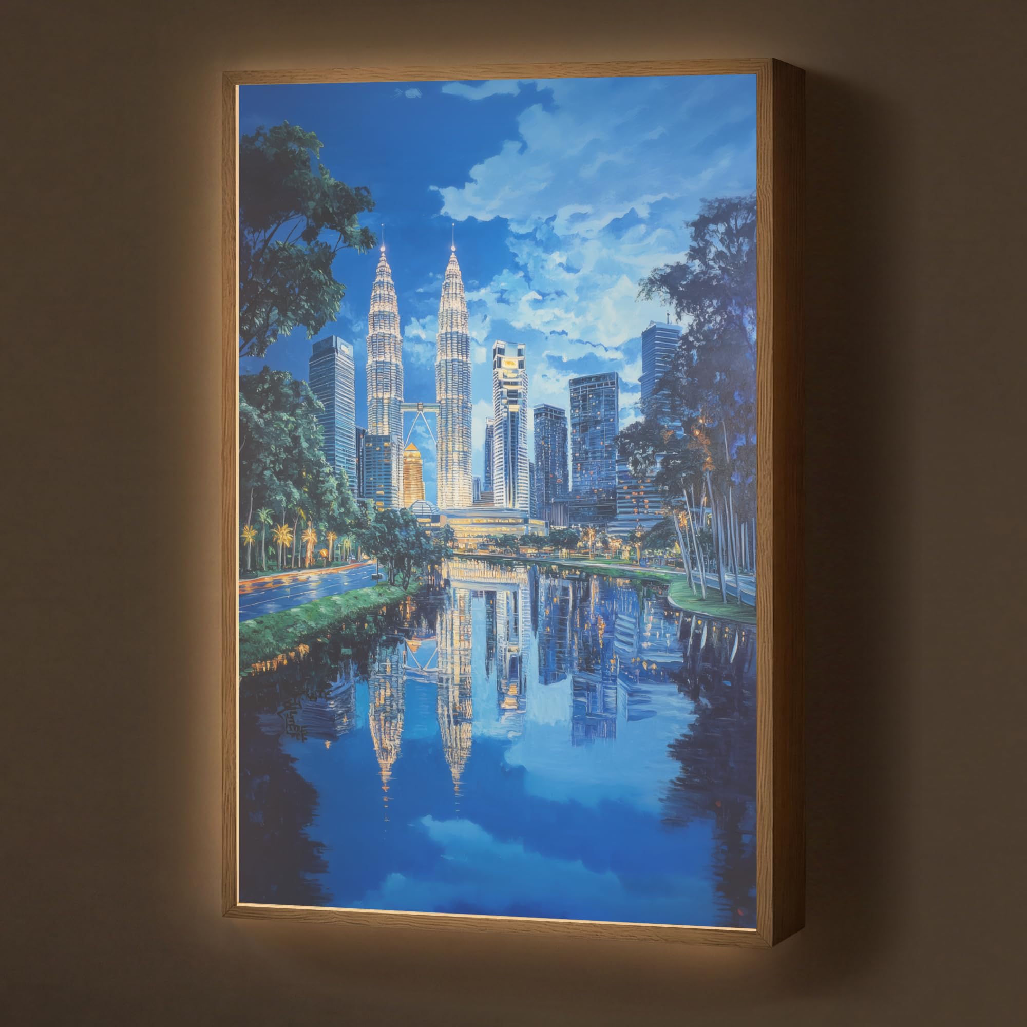 Moderne LED Wandleuchte Innen 60x90 cm Aufladbar Wandbeleuchtung Schlafzimmer Nachtlampe Flach Fernbedienung Warmes Still Licht Dimmbare Lampe Stadt Kuala Lumpur - Skyline - Wasser