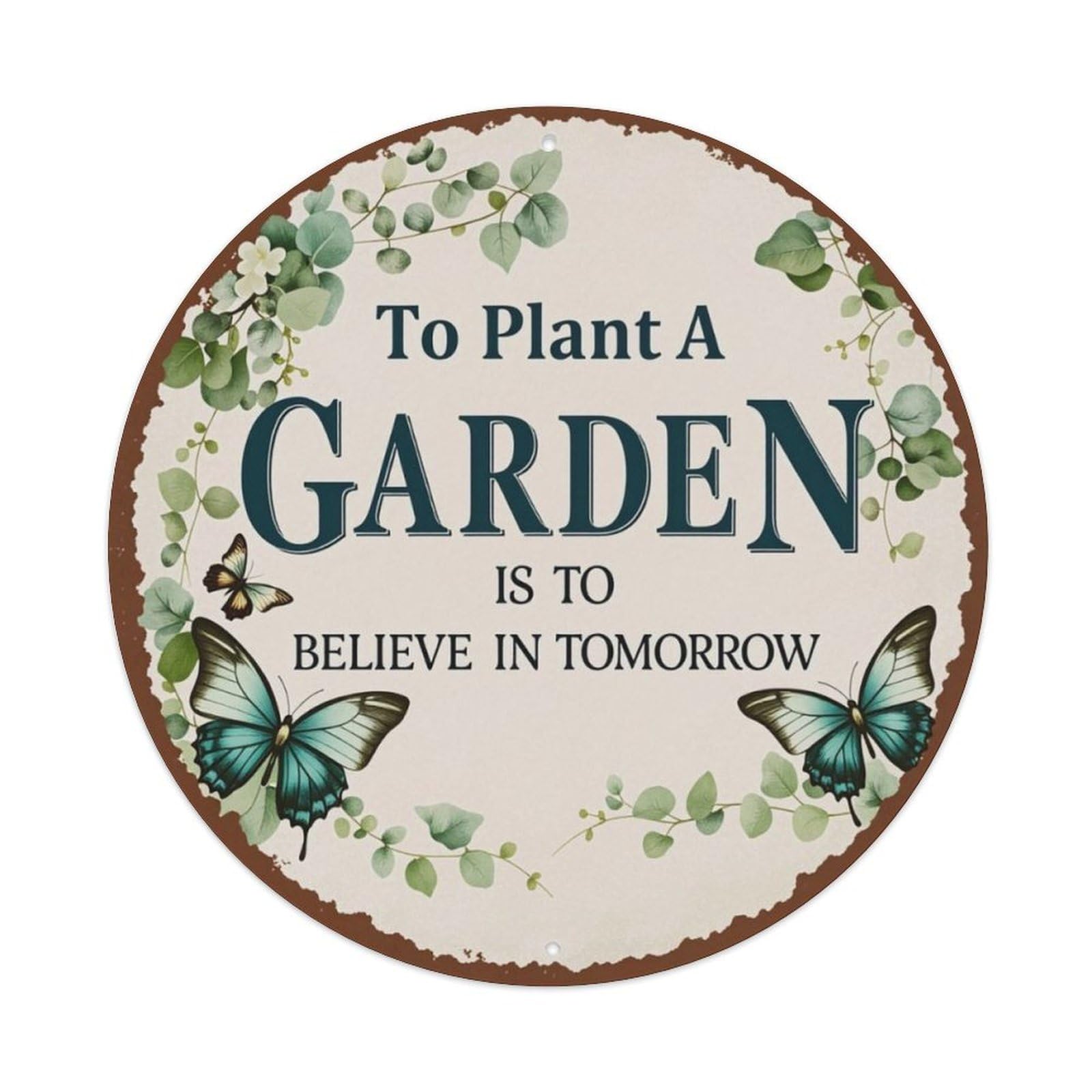 Eucalyptus Butterfly Garden Quote Round Sign Vintage Aluminium Metal Sign, Retro Wall Decor for Home, Bar, Garage & Farmhouse 20x20cm