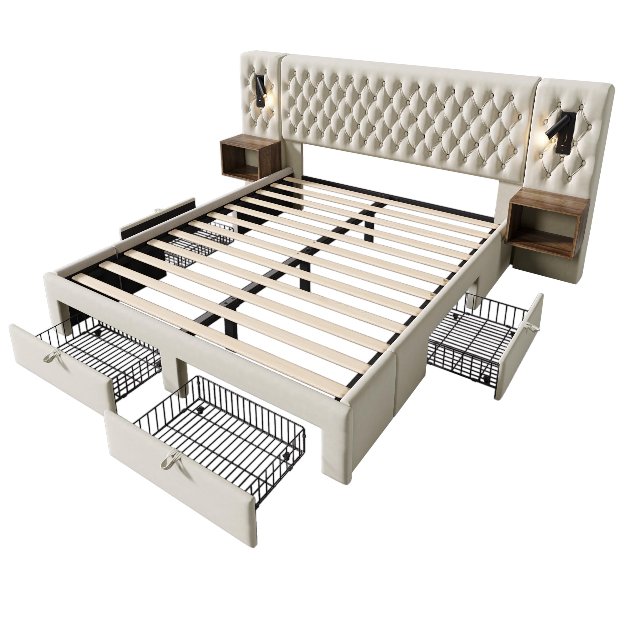 Idemon Set completo per camera da letto, letto matrimoniale, 160 x 200 cm, con 2 comodini e 4 cassetti, testiera con funzione di ricarica USB, 243 x 211 x 106 cm, velluto (senza materasso) (beige)