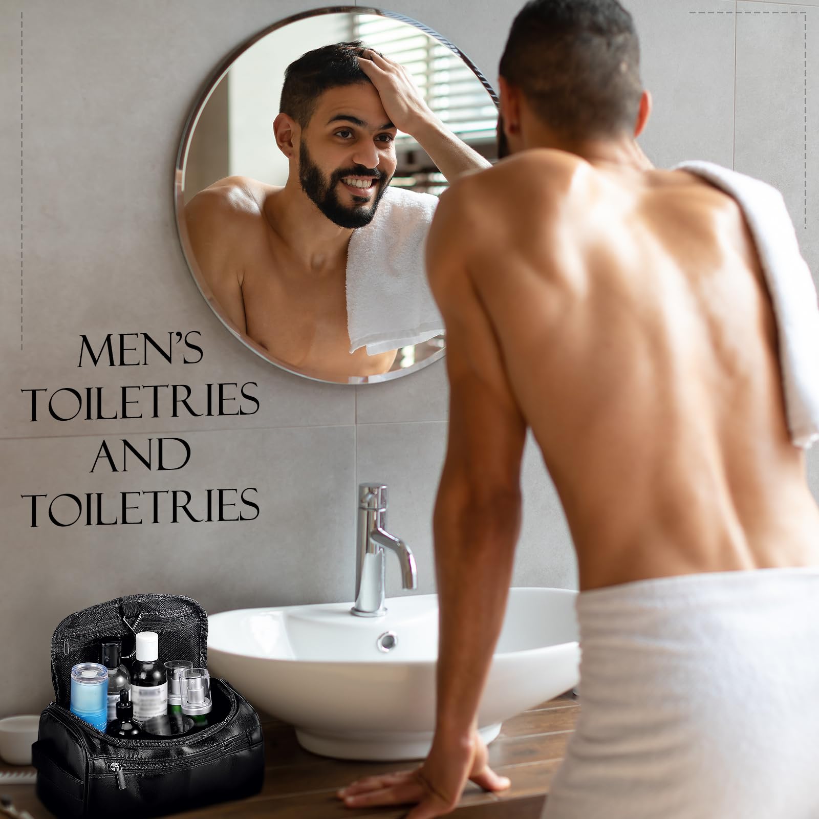 Aliceset 6 borse da toilette in pelle da uomo con gancio, regalo per testimoni dello sposo, borsa da viaggio in pelle regalo per lui, marito, padre, con manico laterale, nero