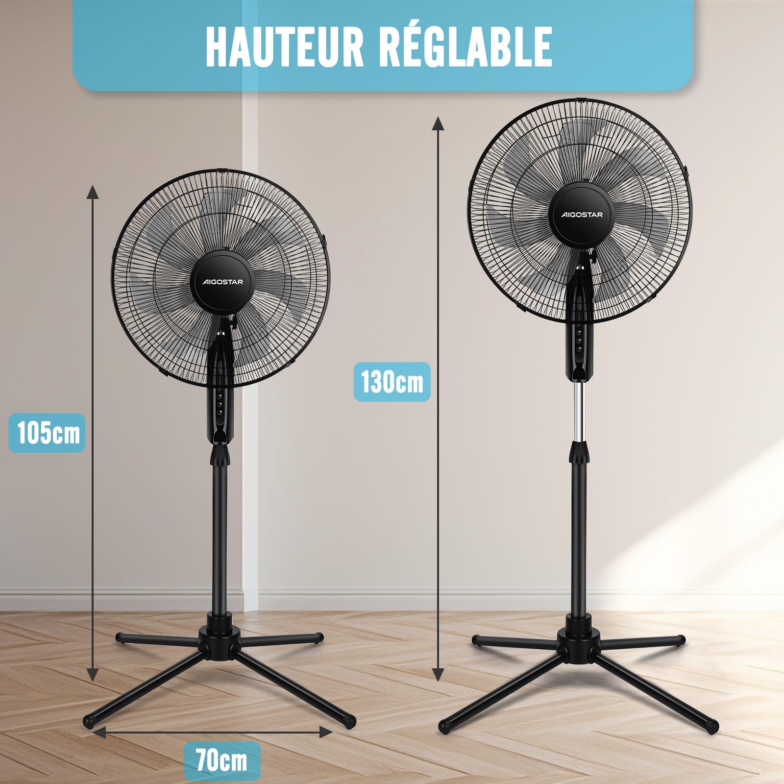 Aigostar Ventilateur sur pied, 7 Pales, 3 Vitesses, Puissant, Silencieux et Stable, 50W, Grille Sécurisée, VDE, Noir