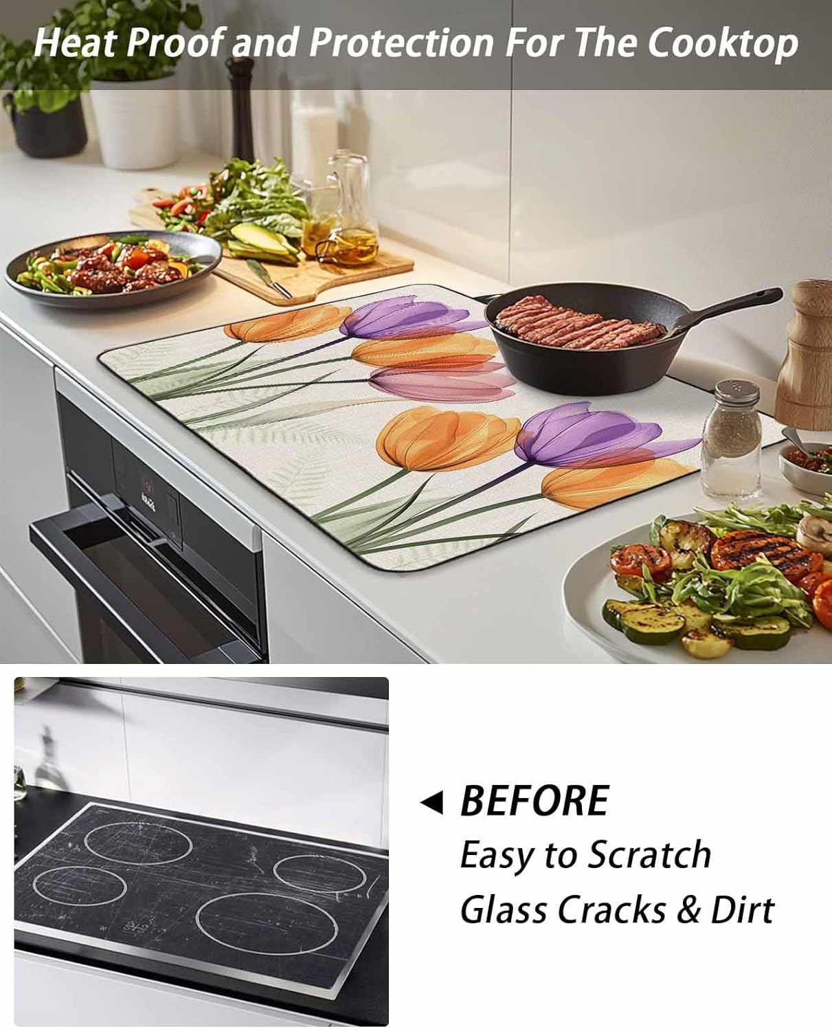 Stove Cover for Electric Stove 36x21 Inch Spring Flower Leaf Stove Top Cover Purple Yellow Flowers Glass Cooktop Covers Anti-Slip & Heat Resistant Countertop Protector Home Kitchen Decor
