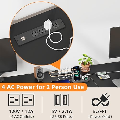 Miniatura 5 de Escritorio en forma de T para 2 personas con toma de corriente, mesa larga para juegos para dos personas con cajones LED y de tela, escritorios de