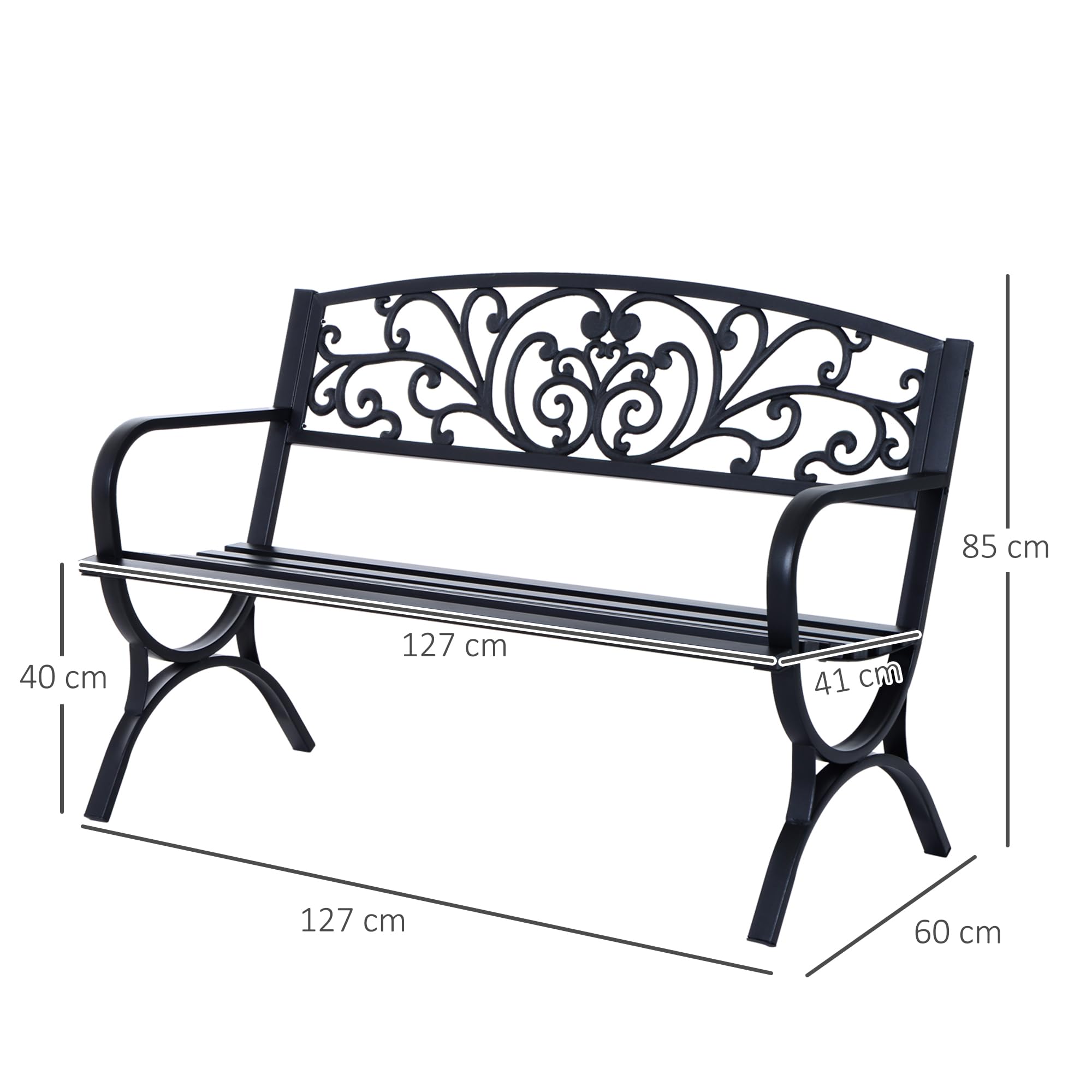 Outsunny 2-Sitzer Metall Gartenbank bis 240kg Bank 127x60x85 cm Schwarz
