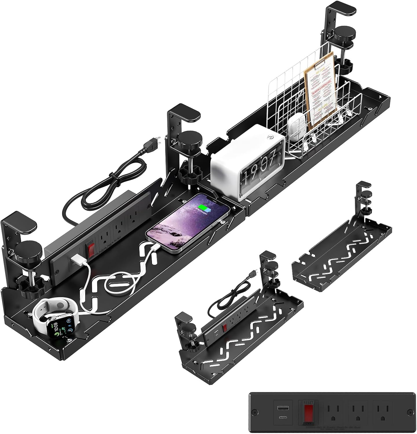Extended Metal Under Desk Cable Management Tray with Power Outlet, No-Drill Wire Organizer with Clamp, Cord Storage Raceway for Desk Cable Management for Office Home (Black)