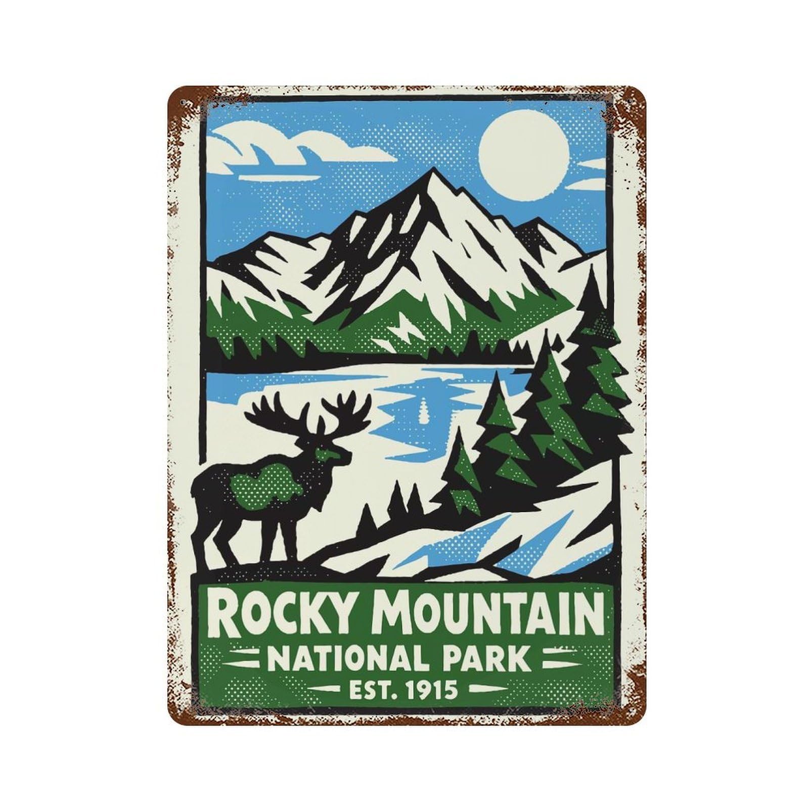 Rusty Metal Tin Sign with Rocky Mountain National Park Poster Design 15.7"x11.8", for Shed, Workshop And Garage Wall Decor, Classic Wall Plaque