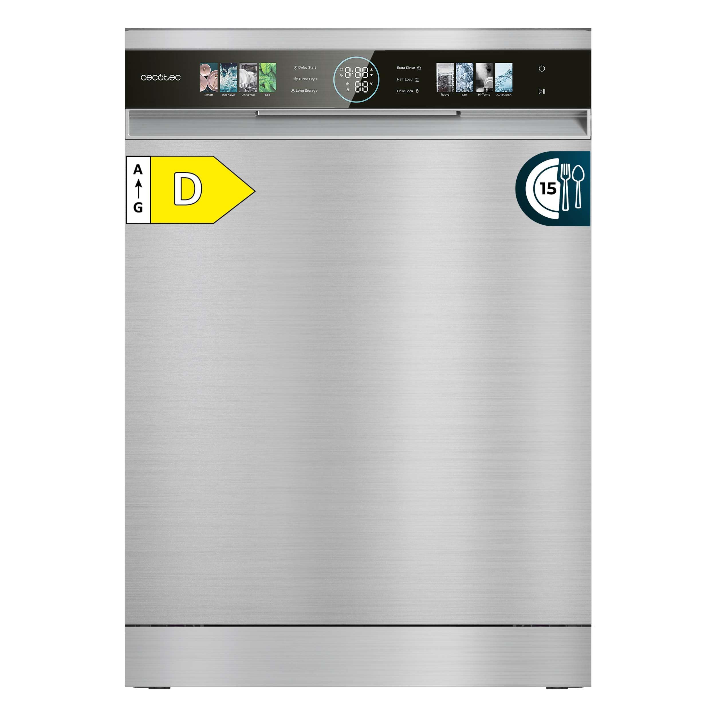 Cecotec Lavavajillas Compacto de 60 cm Bolero Aguazero 6320 Inox D, 1900W, 15 Cubiertos, 8 Programas, Pantalla FullColor XXL, Smart Wash, Turbo Dry+, AutoClean, Media Carga, Delay Start, ChildLock