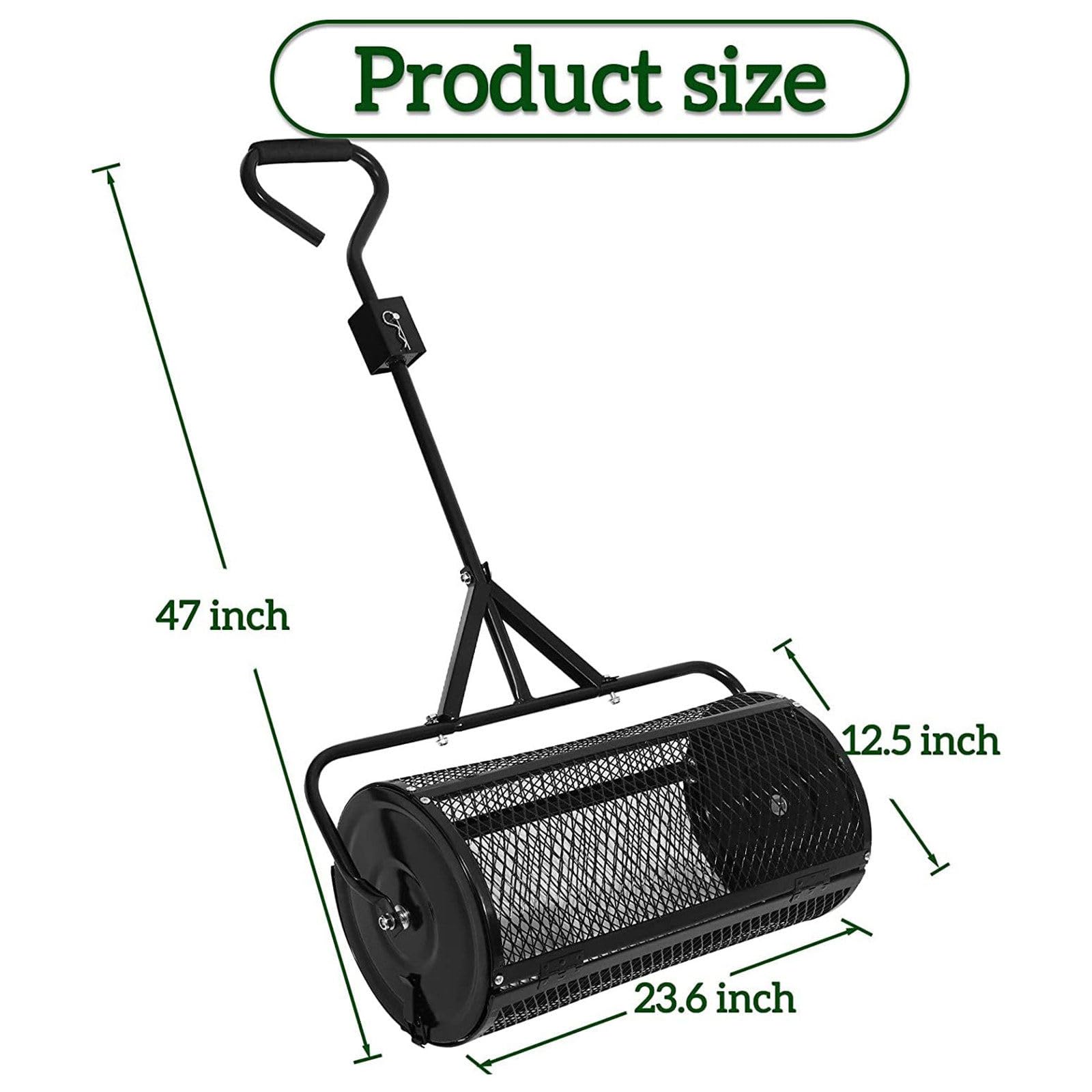 Esparcidor de abono (32 x 60 cm) – Cesta de malla de metal resistente, esparcidor de estiércol de turba y musgo, para plantar semillas, césped, cuidado del jardín, color negro