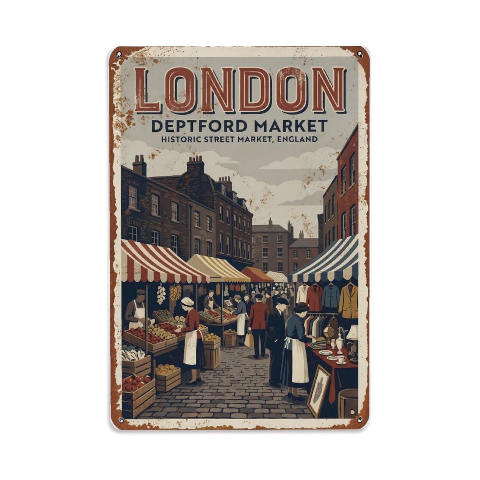 Vintage Travel London Deptford Market Historic Street Rusted England Metal Tin Sign Plaque Wall Decor for Cafe, Club Bar, Office, Home Garden Metal Poster 8x12Inch