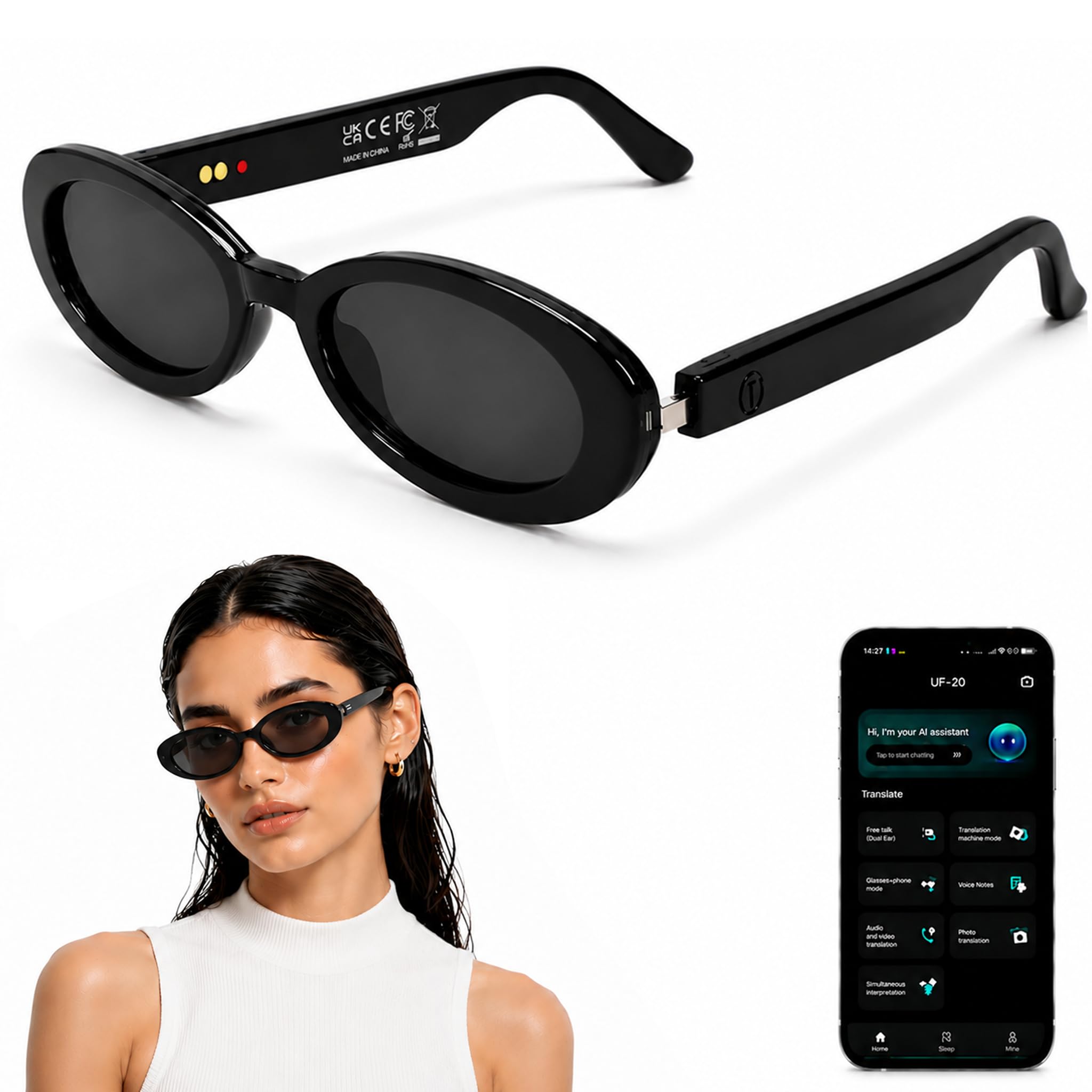 AI Smart Glasses, Fashion Bluetooth Sunglasses Cat Eye Frame Thin Temples
