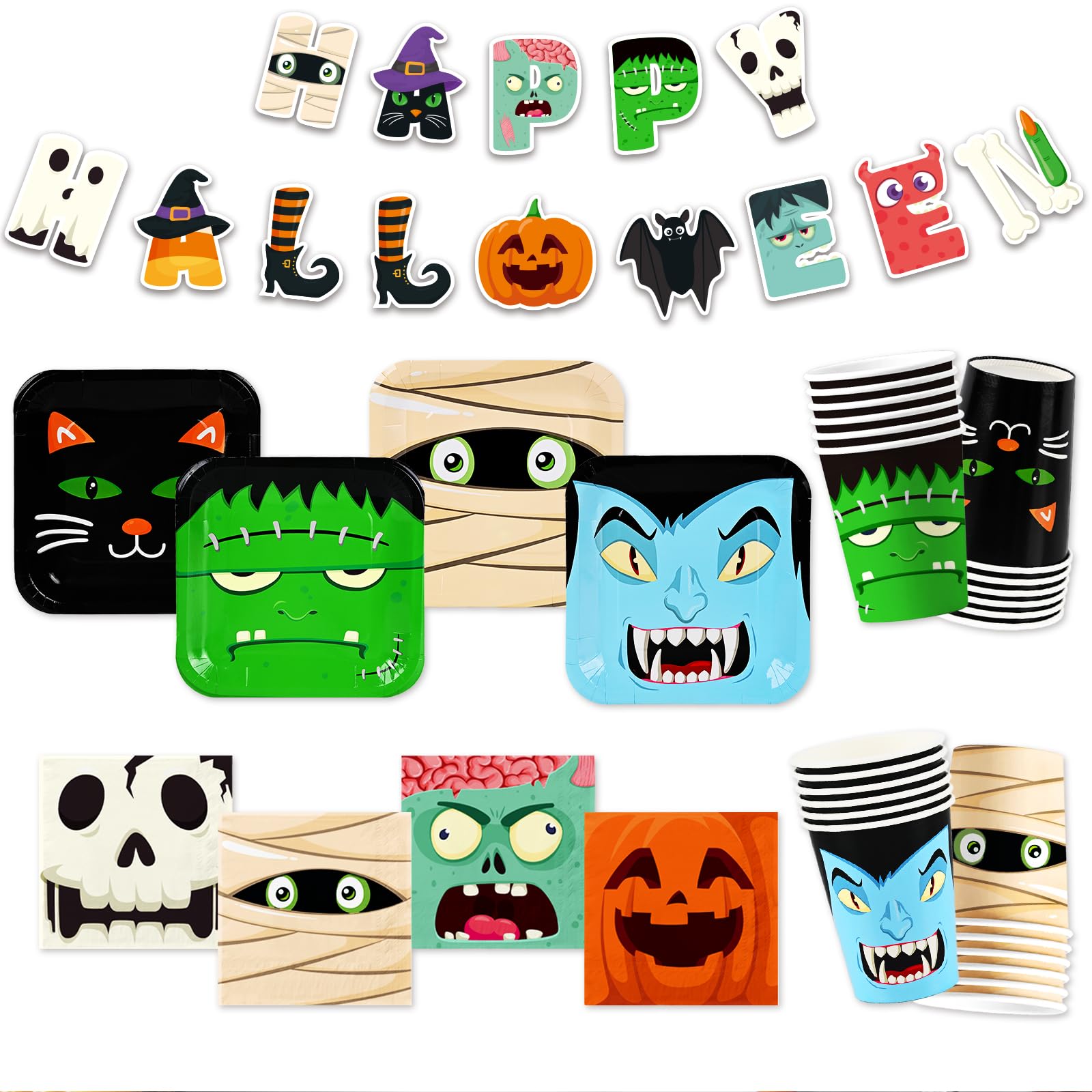 Halloween Party Supplies Kit for 24 Guests - Design With Disposable Dinner & Dessert Plates, Napkins, Cups, Tablecloth, and Banner - for Birthday Party Decorations