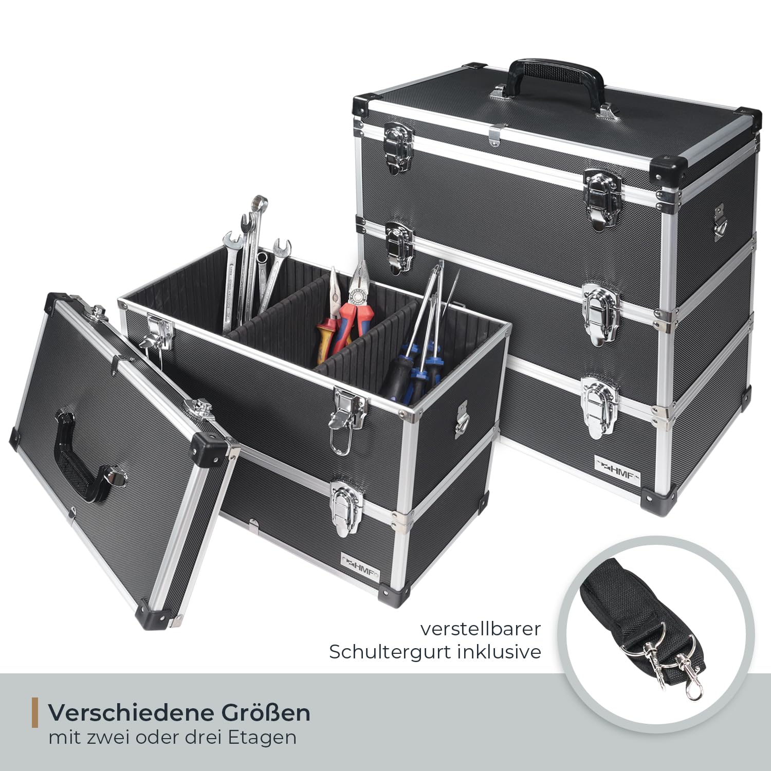 HMF 14660-02 Alu Werkzeugkoffer leer, 2 Etagen, 44 x 32,5 x 24 cm, schwarz