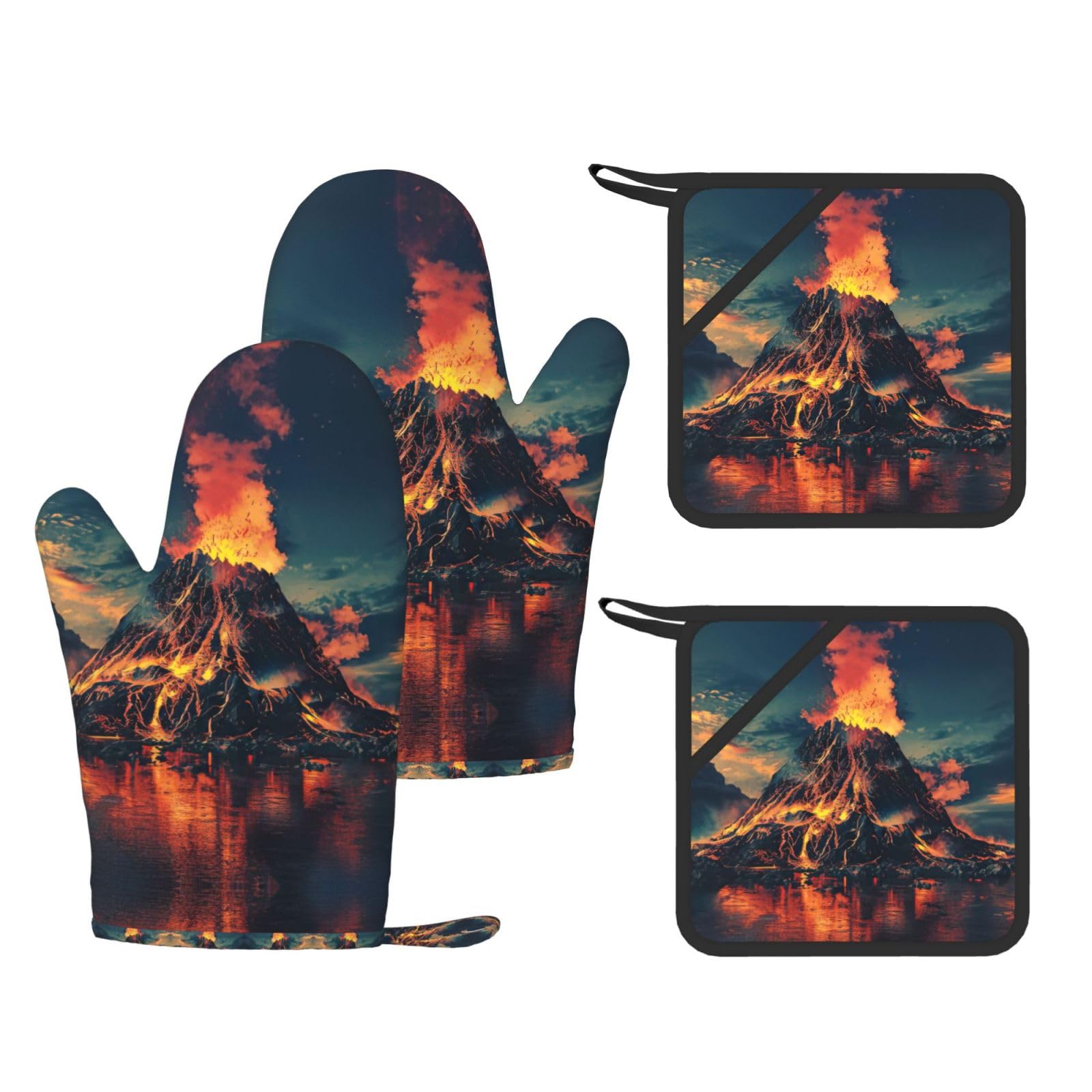 volcano Stylish Printed Kitchen Set Including Heat Resistant Gloves and Non-Slip Hot Pads for Cooking BBQ